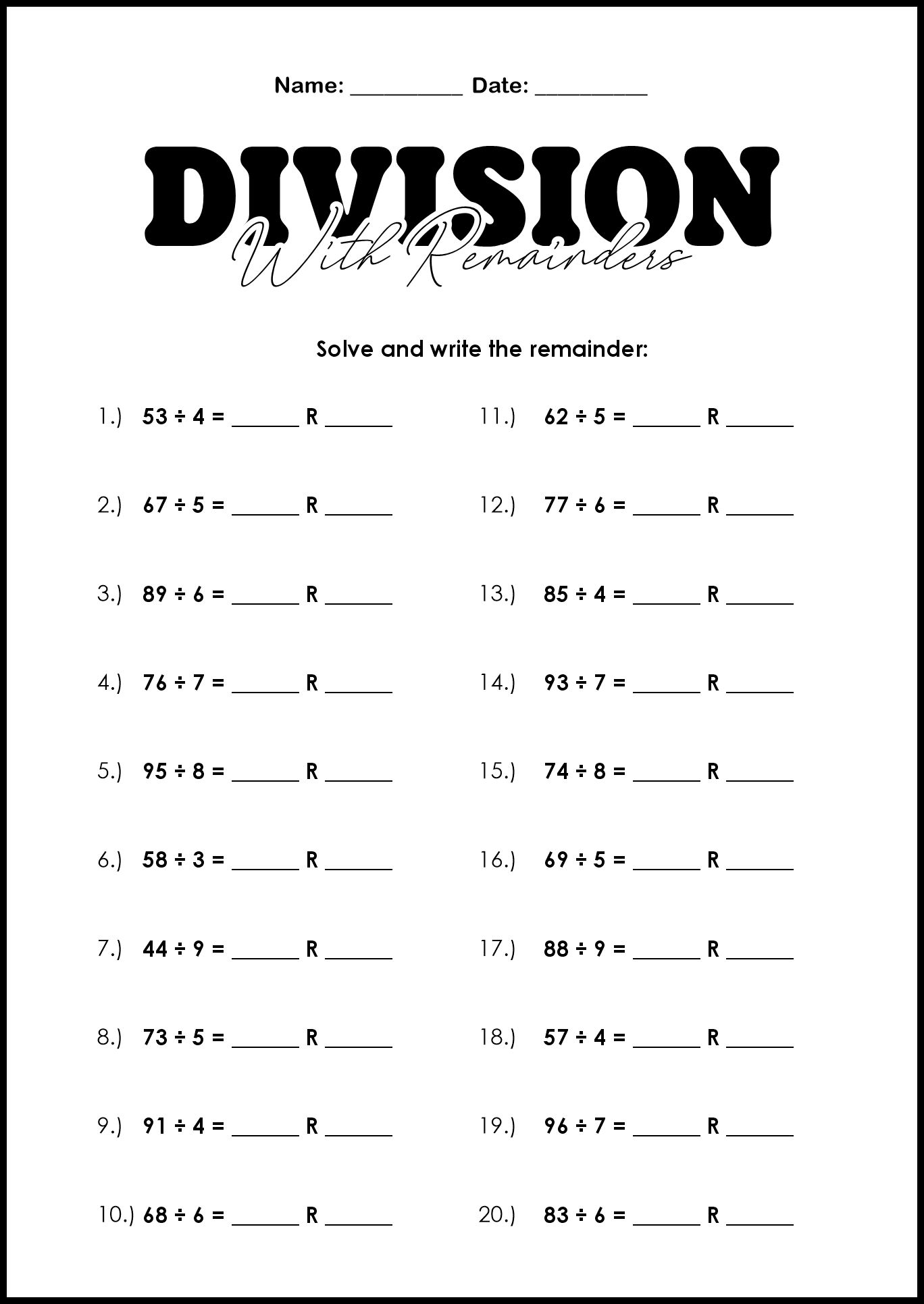 Division Exercise Worksheets for 5th Grade