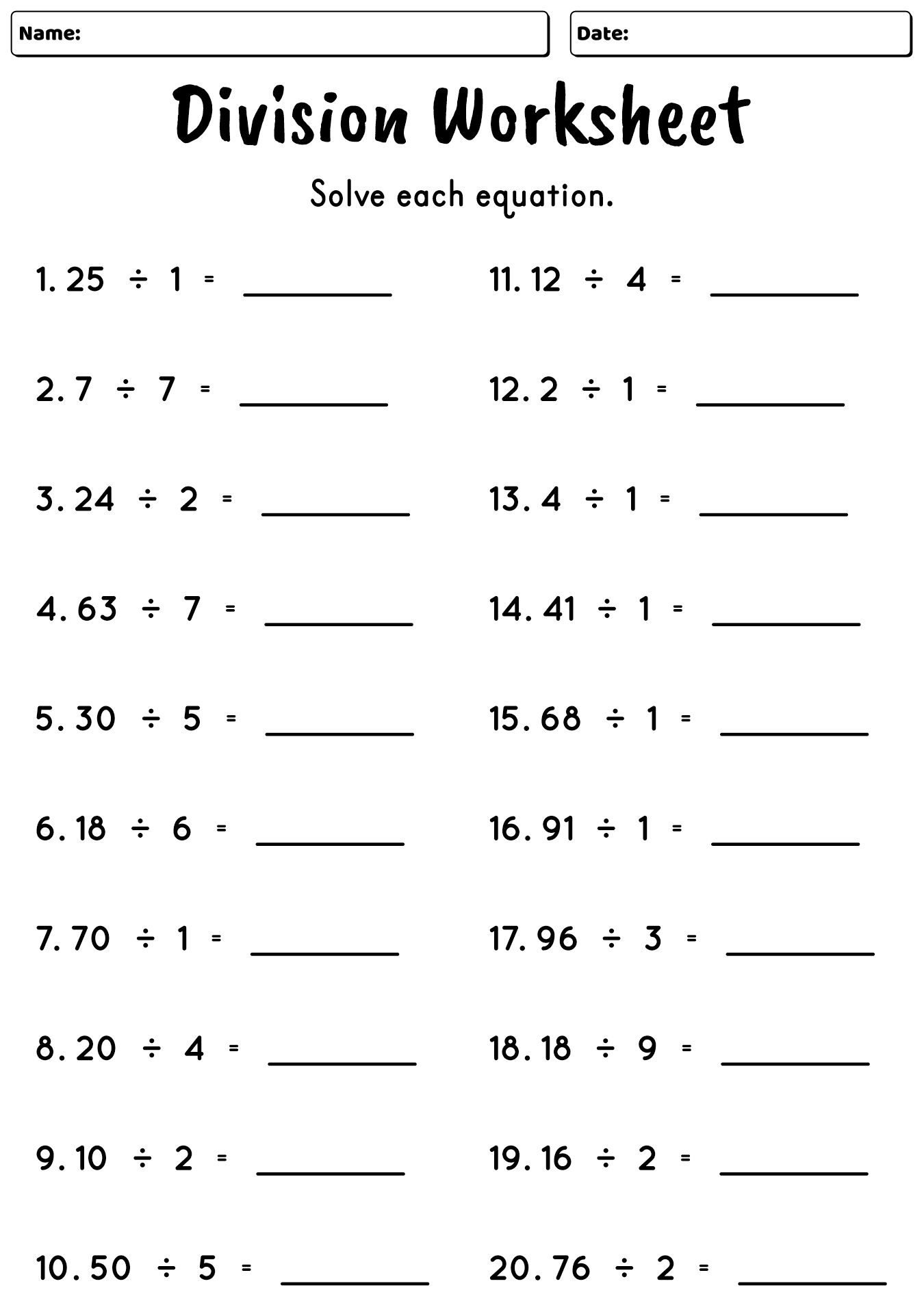 Division Practice Sheets for 5th Grade Learners