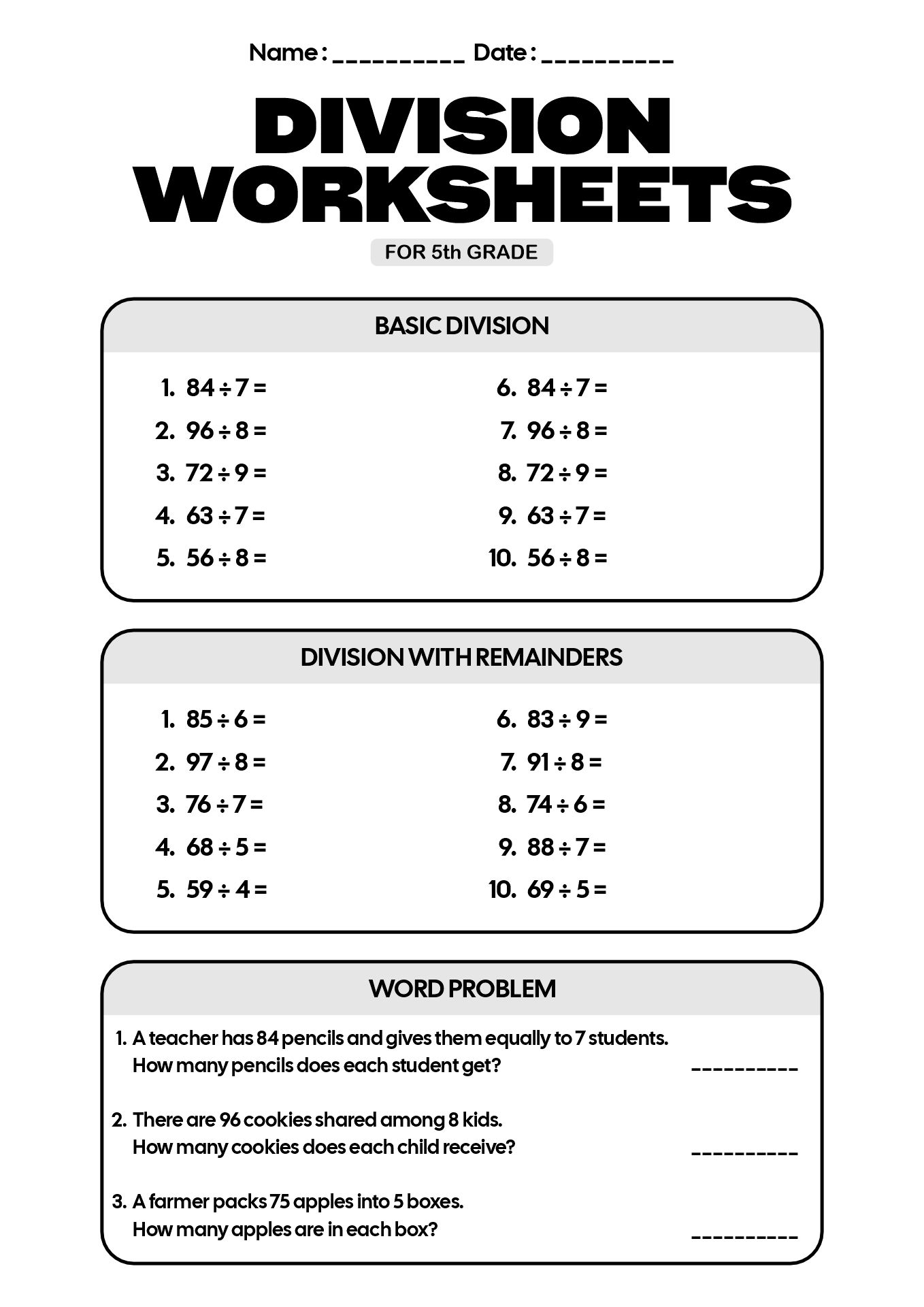Division Worksheets Grade 5