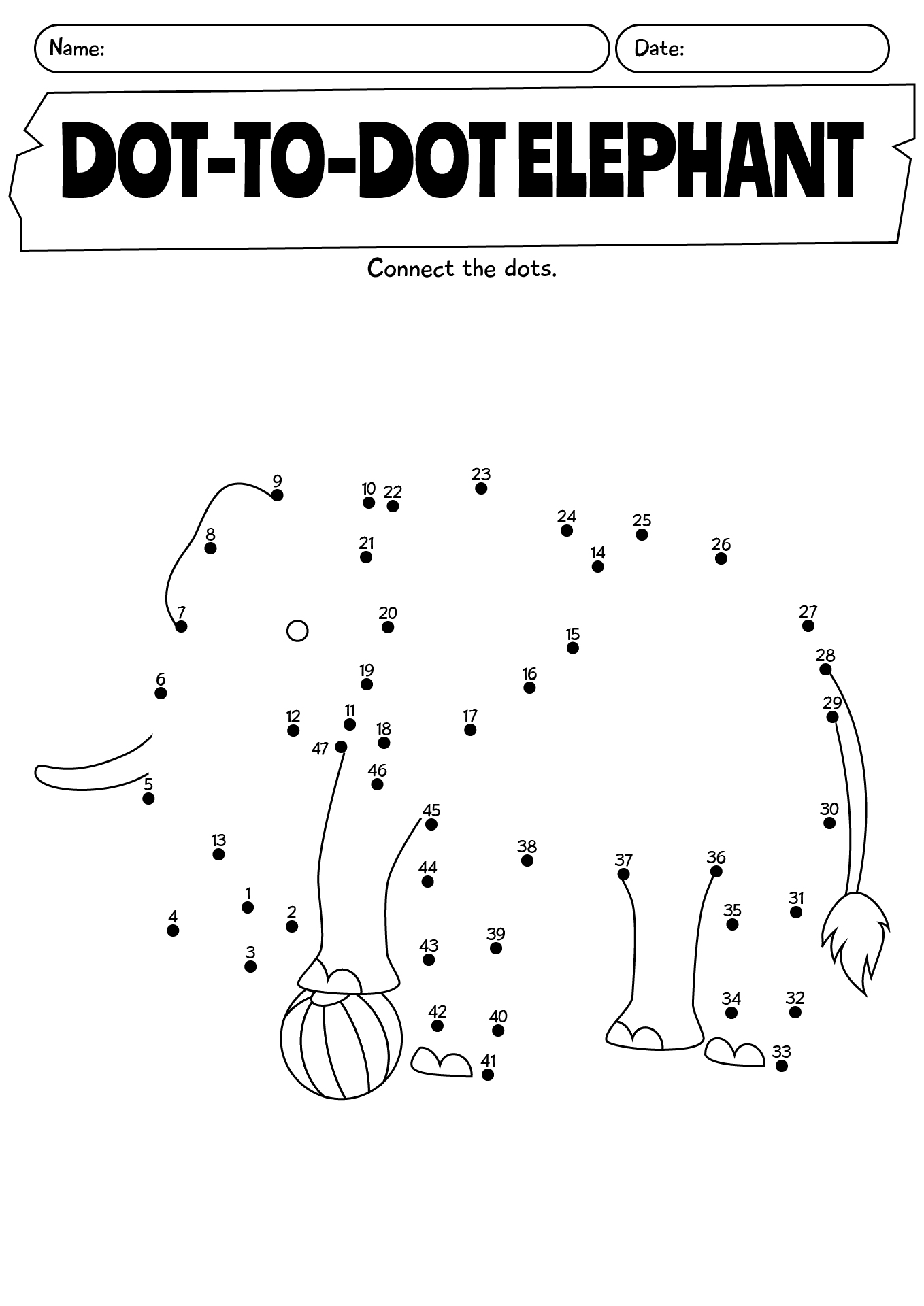 Dot-to-Dot Elephant Printable Worksheet