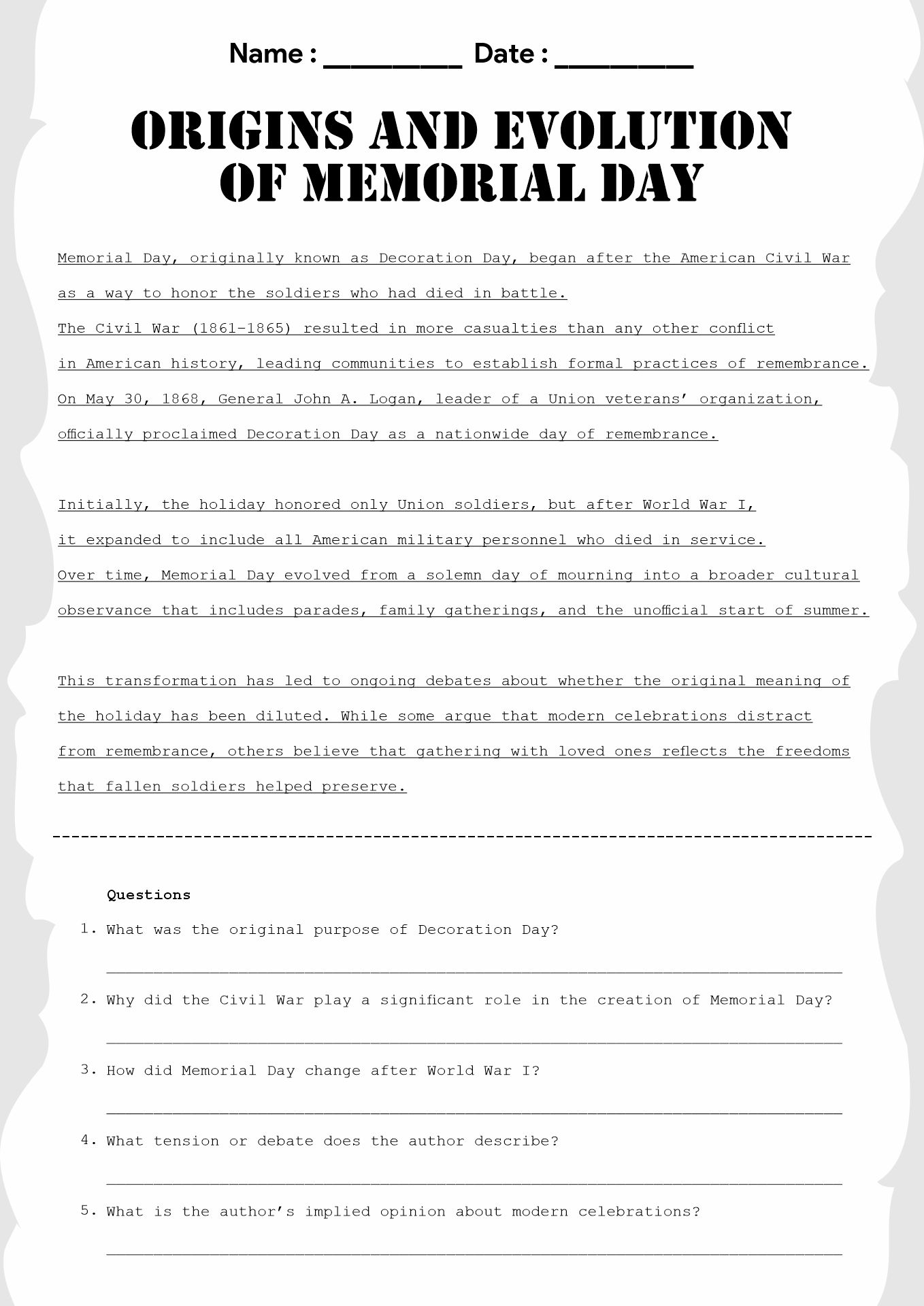 Educational Memorial Day Reading Comprehension Worksheets