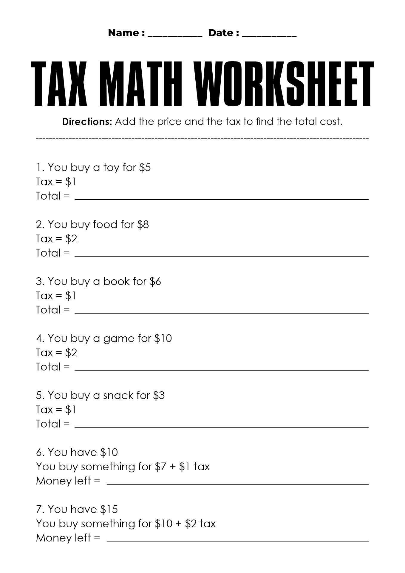 Elementary Tax Educational Games and Worksheets