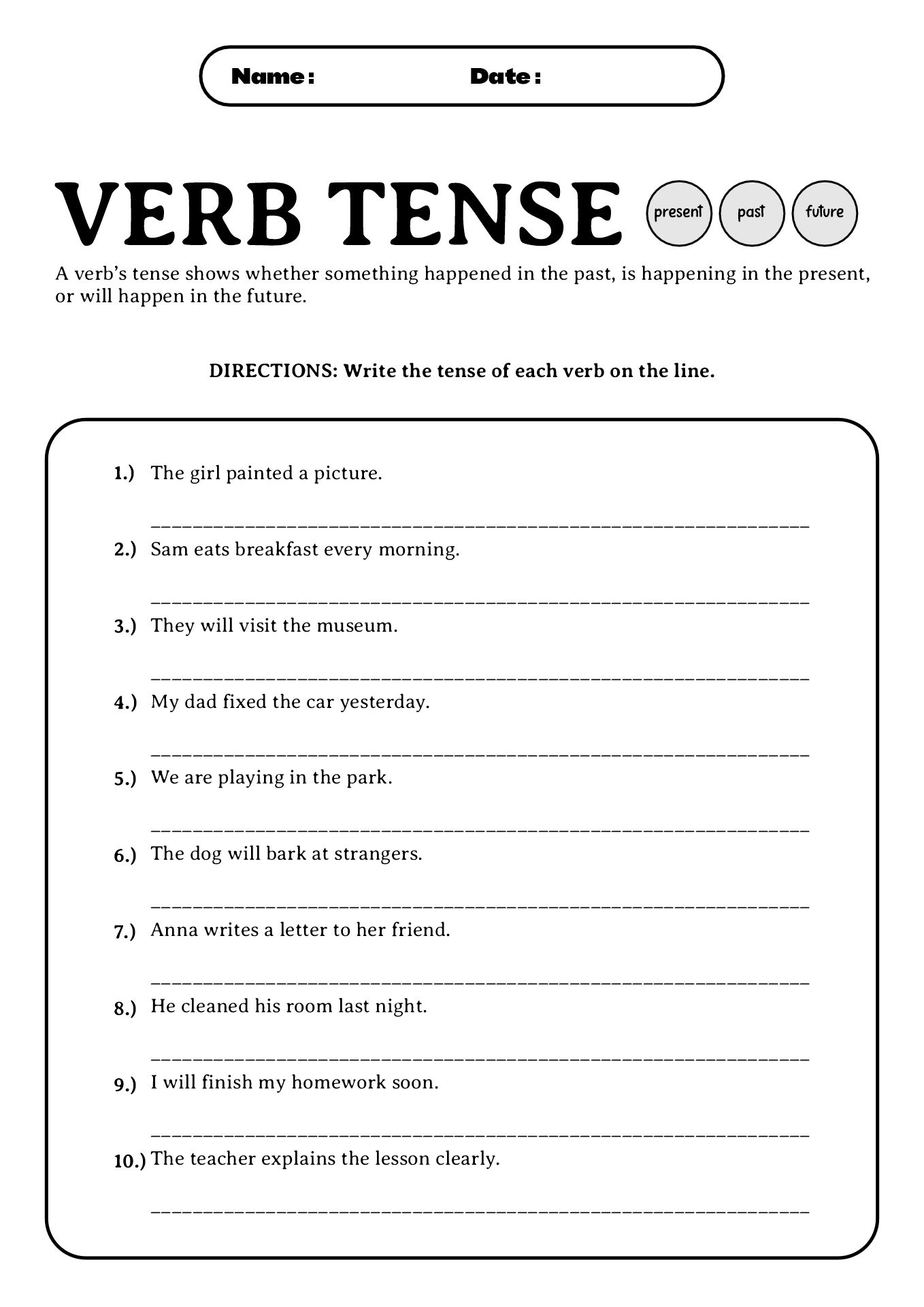English Verb Tenses Practice Sheets