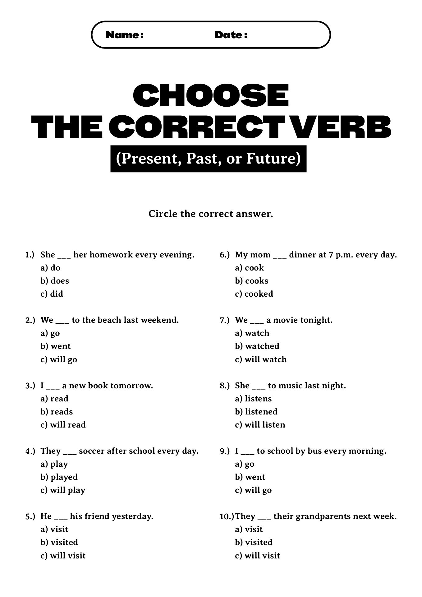 English Verb Tenses Quiz Worksheets