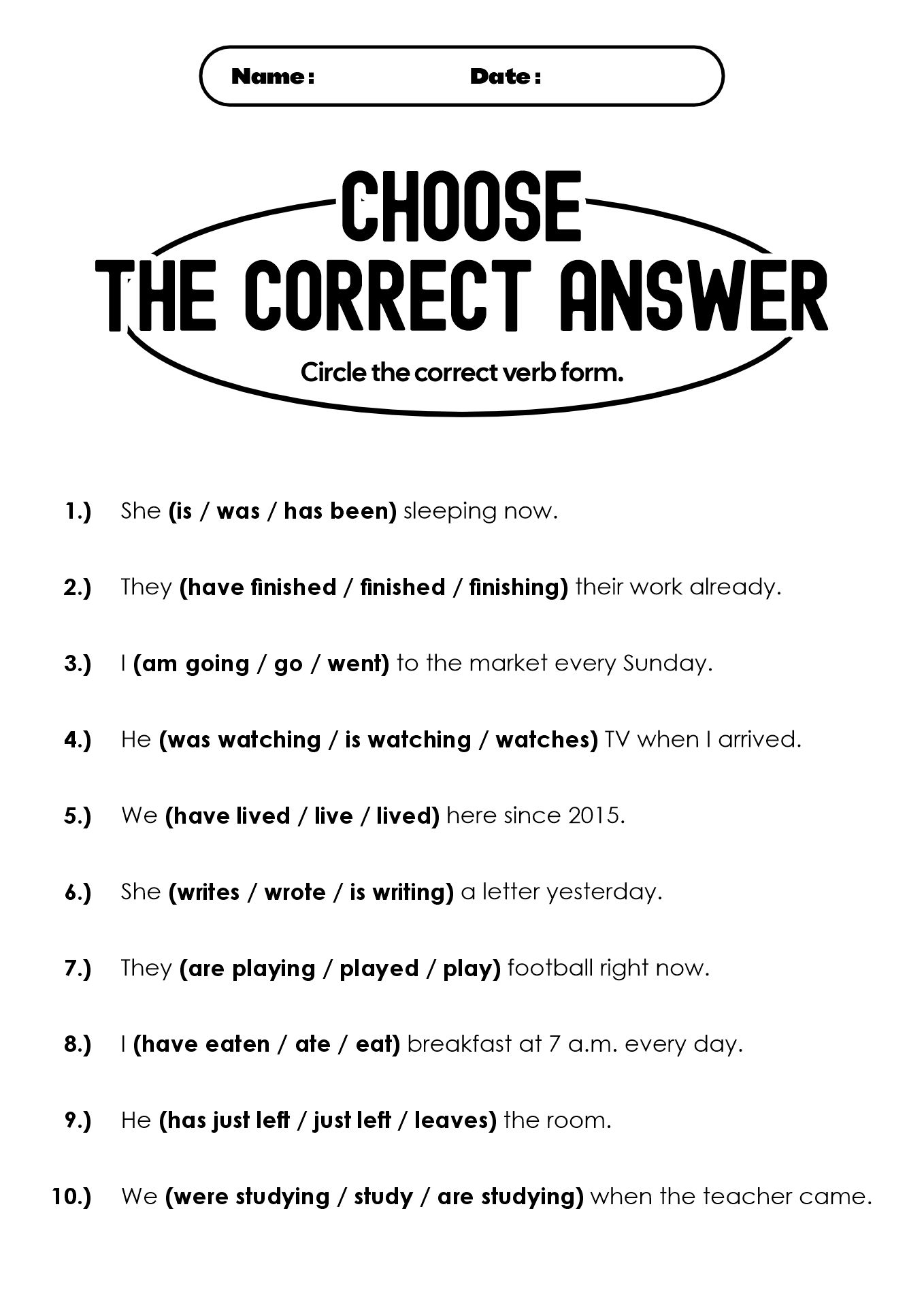English Verb Tenses Revision Worksheets