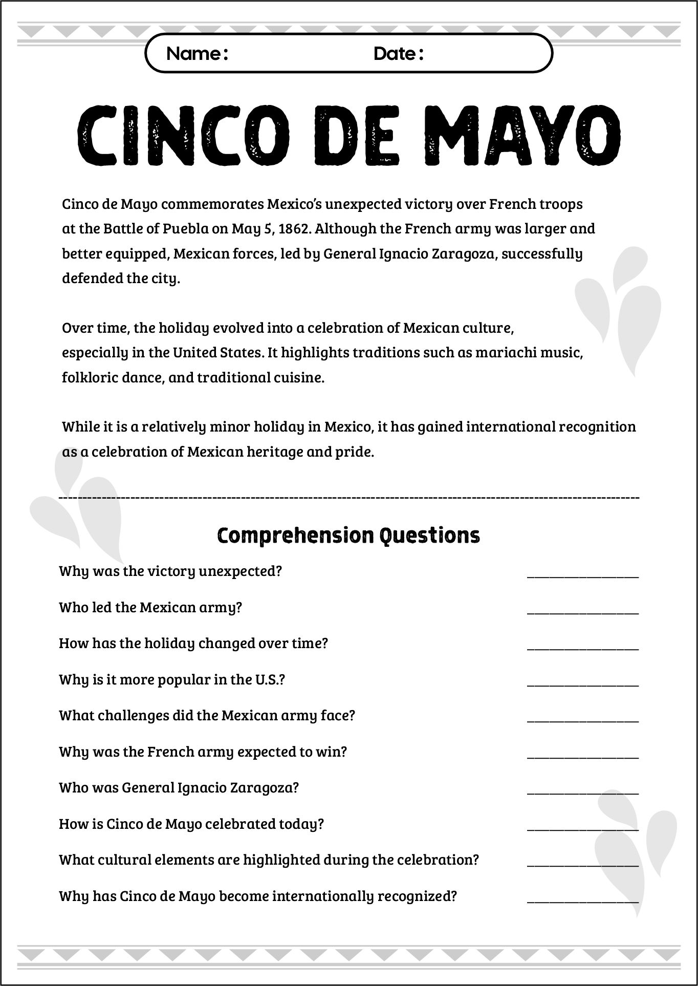 ESL Cinco de Mayo Reading Comprehension Resources