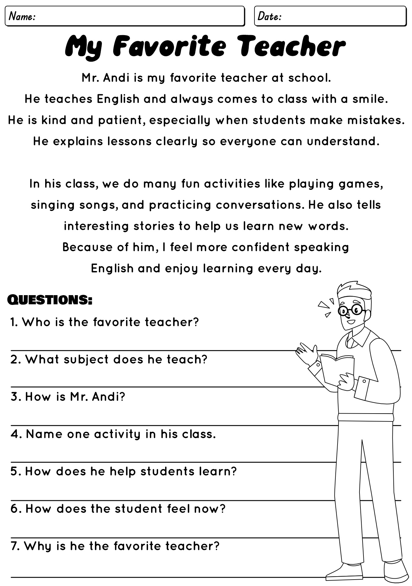ESL Printable Grade 5 Reading Worksheets