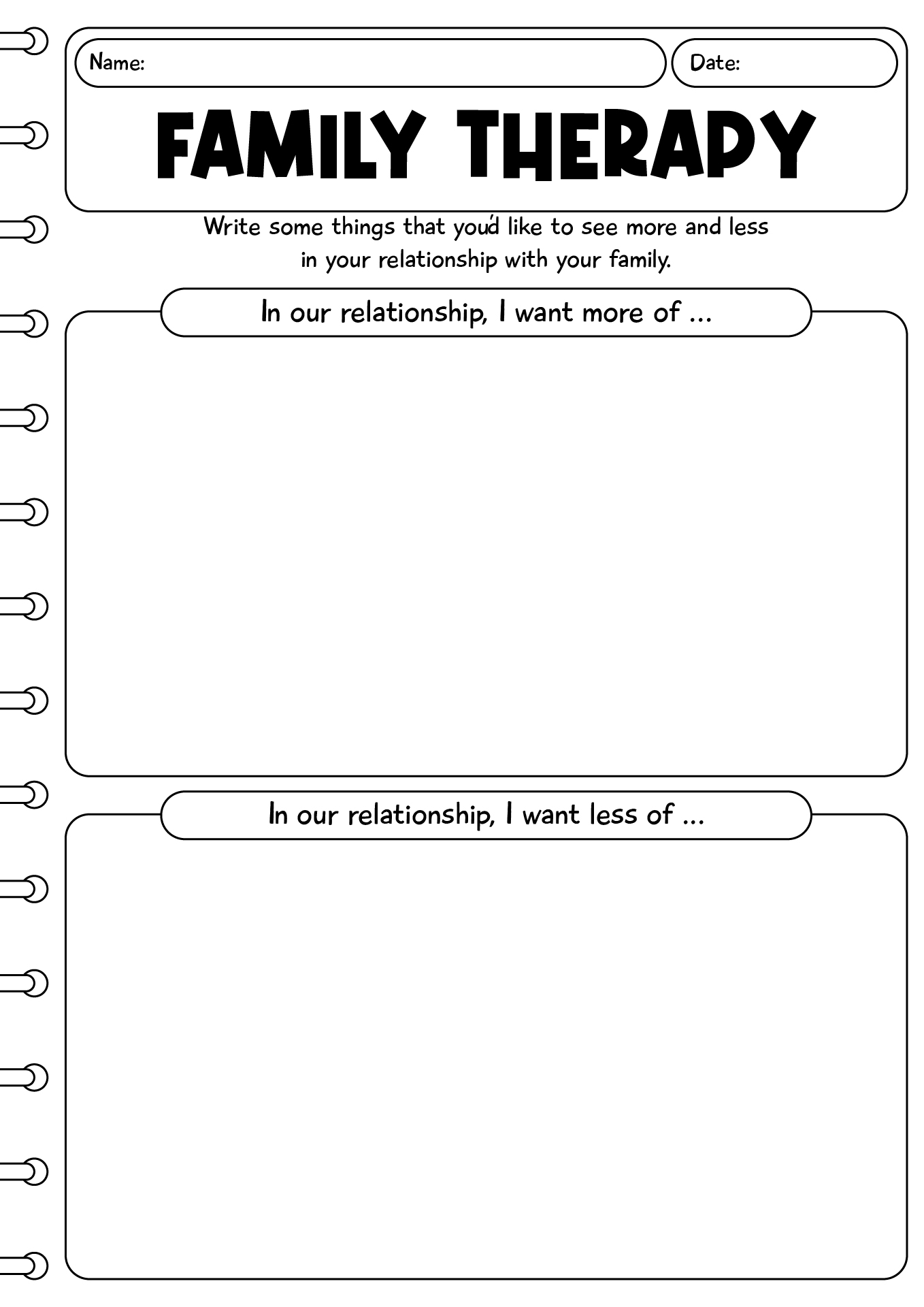 Family Relationships Worksheets For Therapy