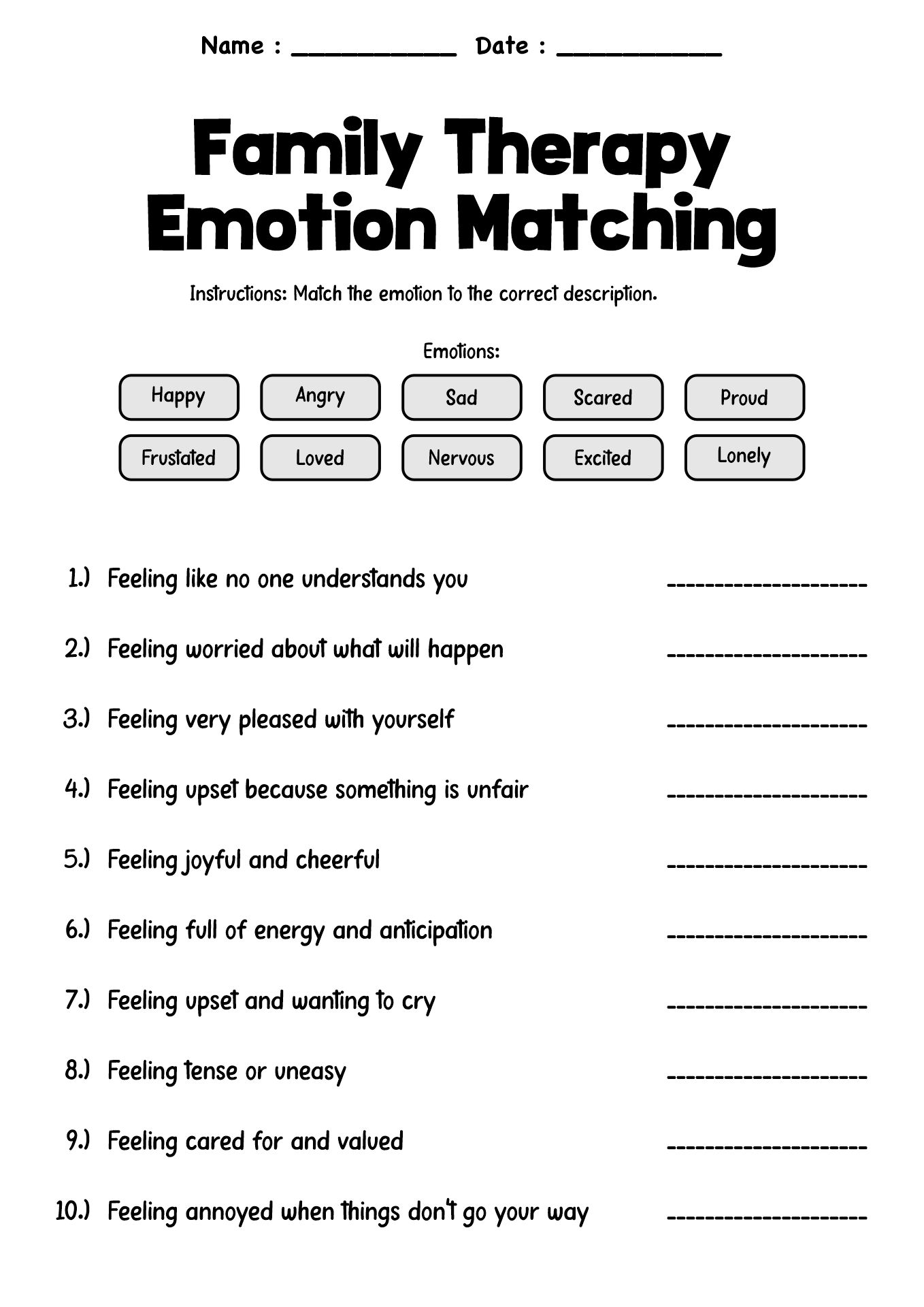 Family Therapy Emotion Identification Worksheets