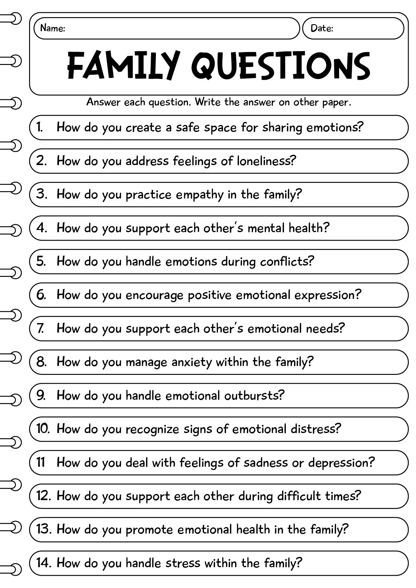 Family Therapy Questions Activity Worksheet