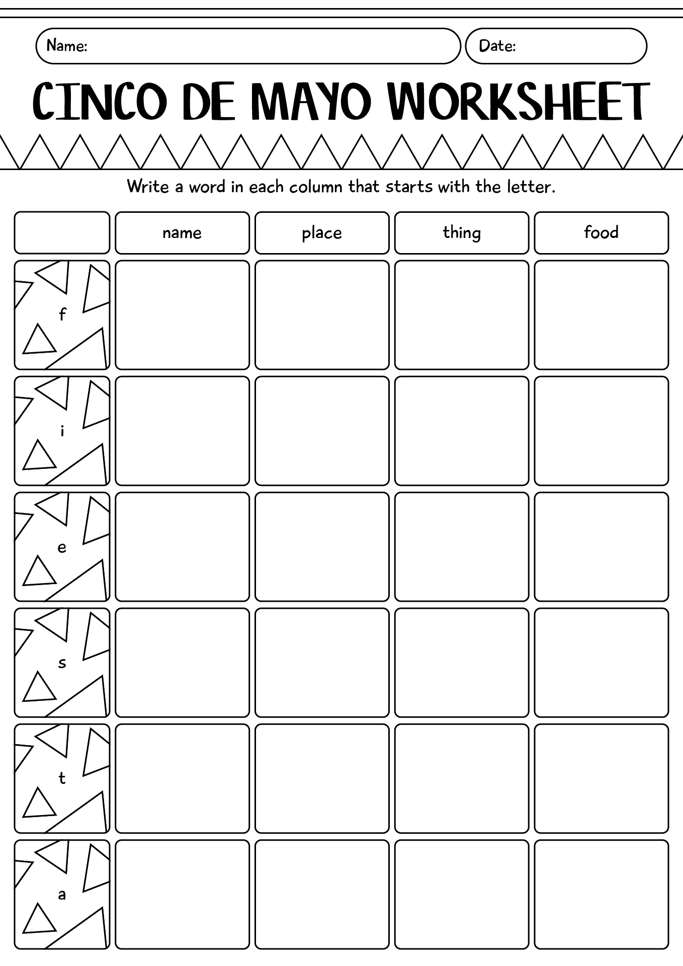 First Grade Cinco De Mayo Worksheet