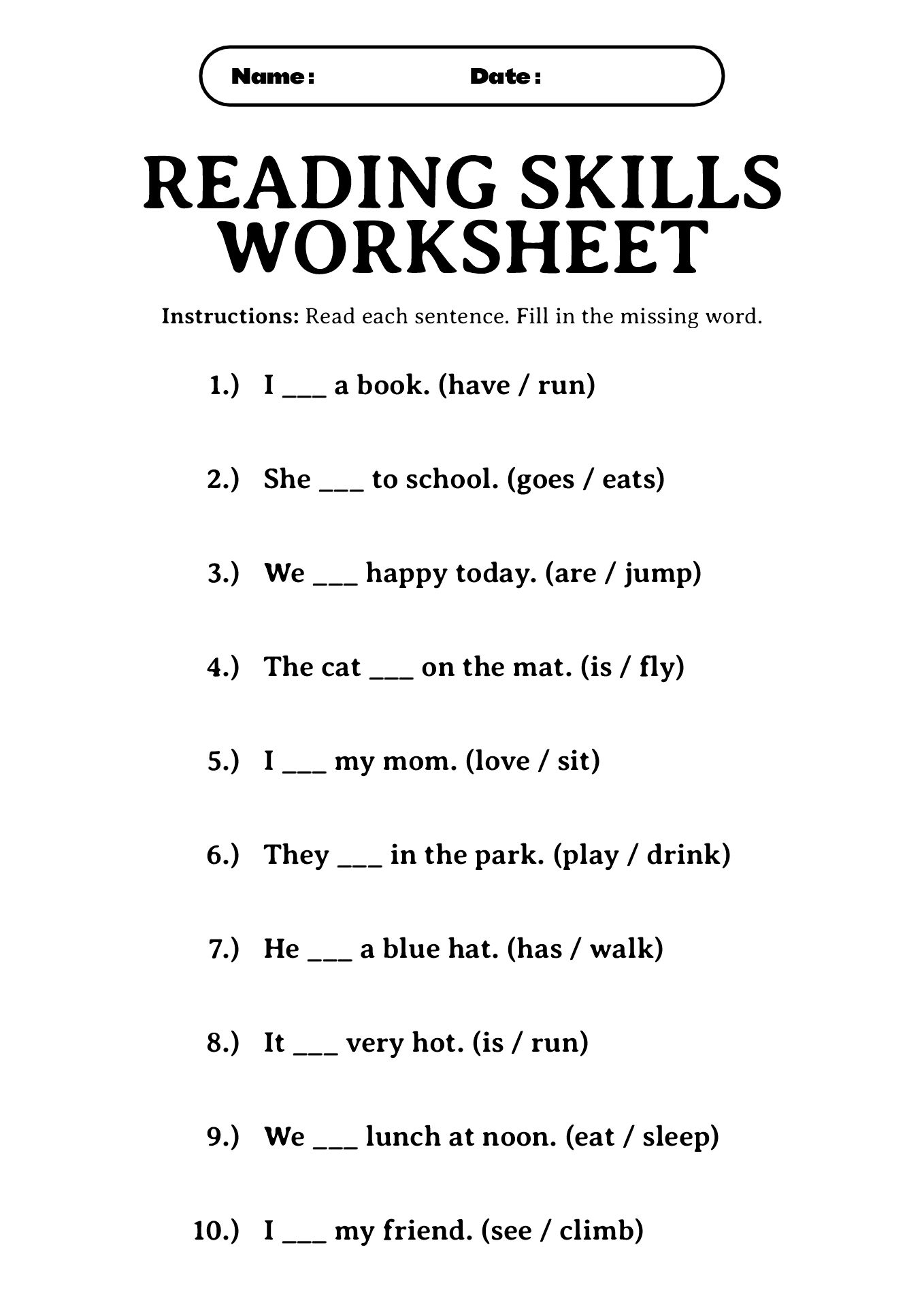 First Grade Reading Skills Worksheets