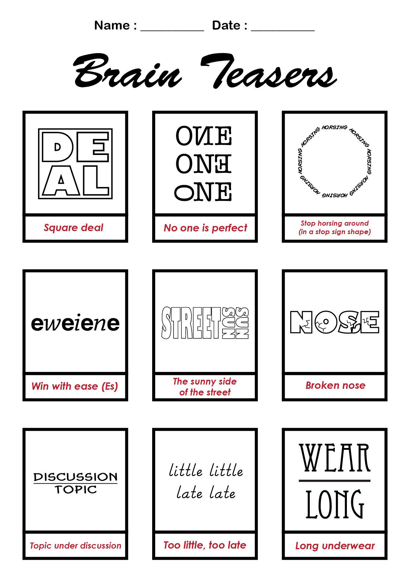 Fun Brain Teasers Worksheets with Answers for Students
