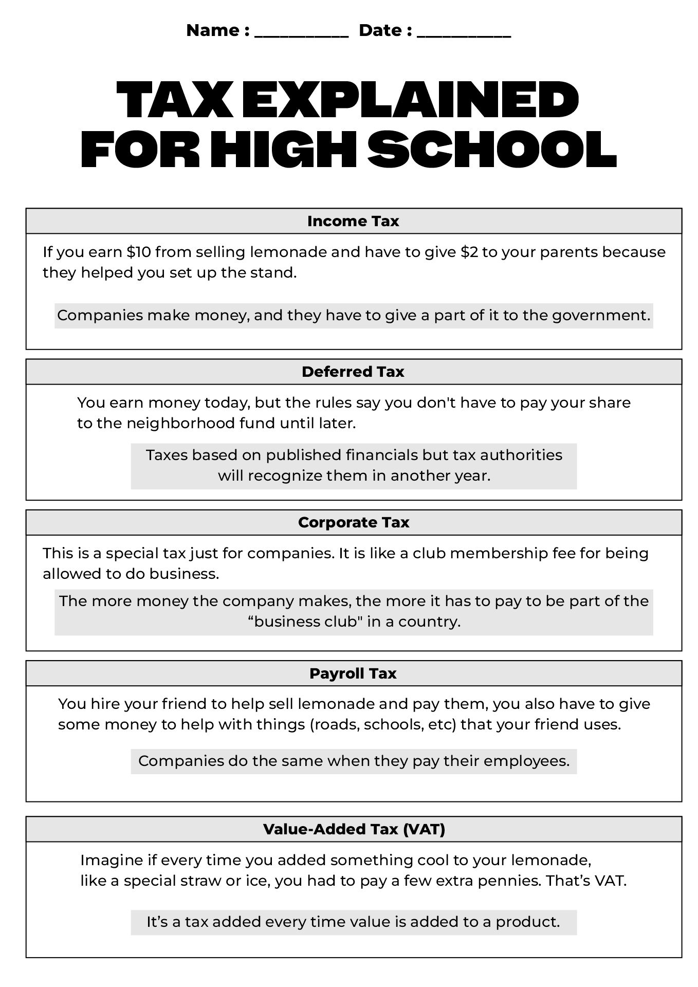 High School Student Guides to Understanding Taxes