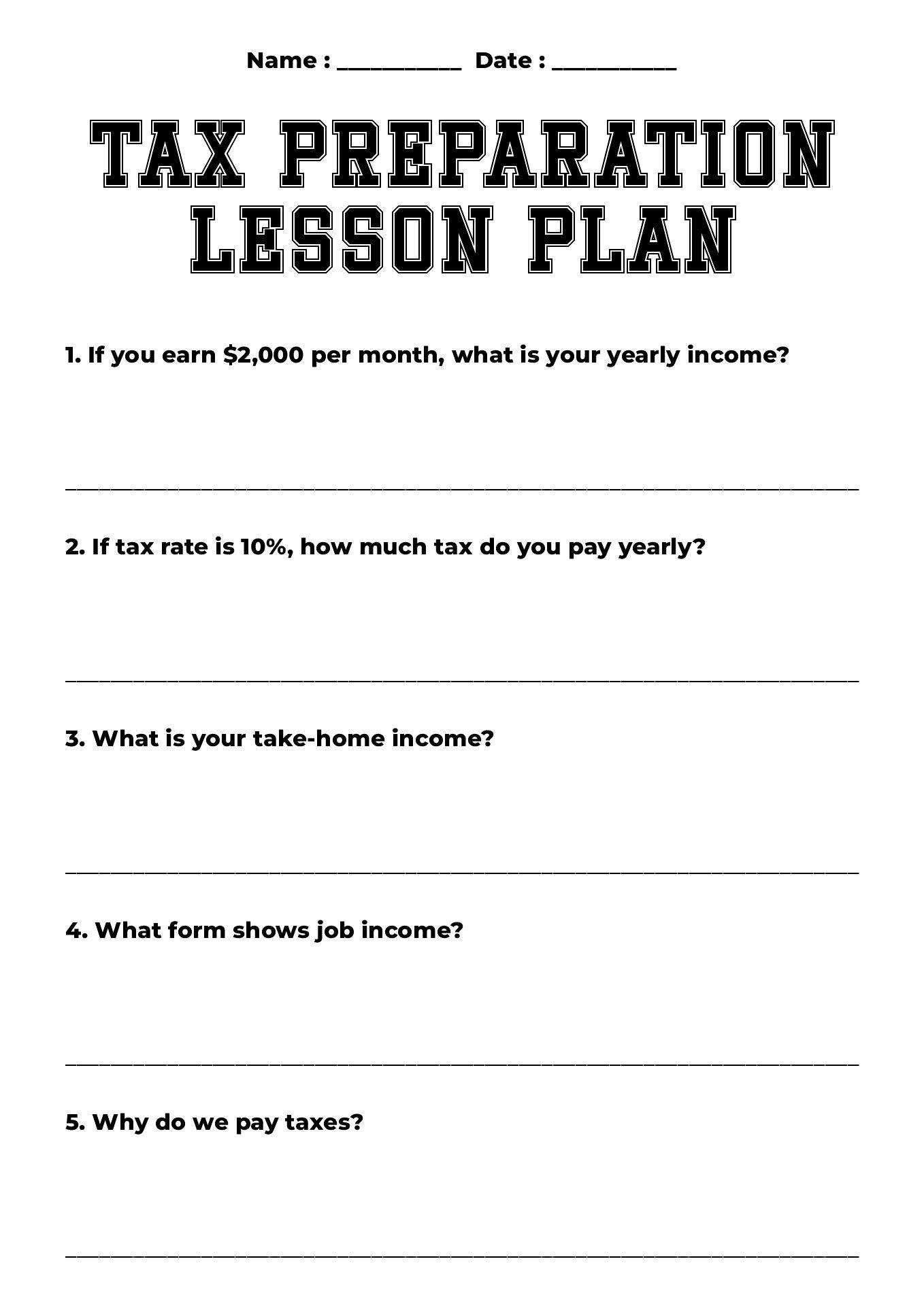 High School Tax Preparation Lesson Plans