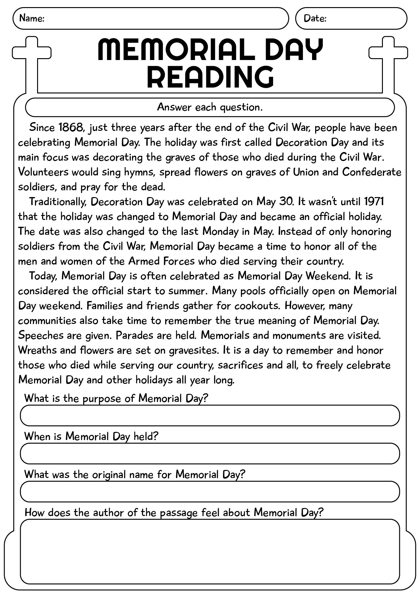 History Of Memorial Day Worksheet