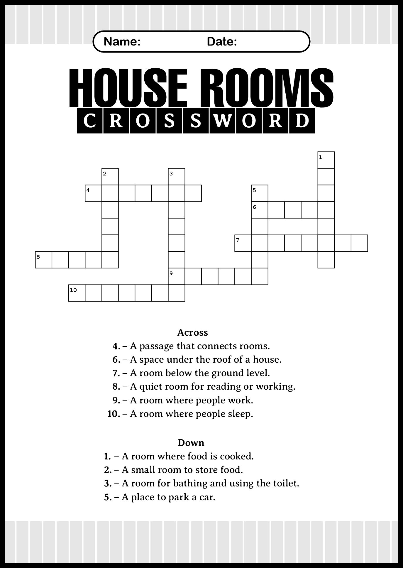 House Rooms Crossword Puzzle Worksheet