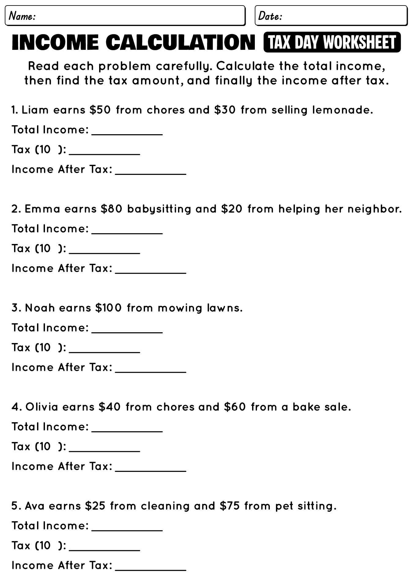 Income Calculation for Tax Day Worksheet