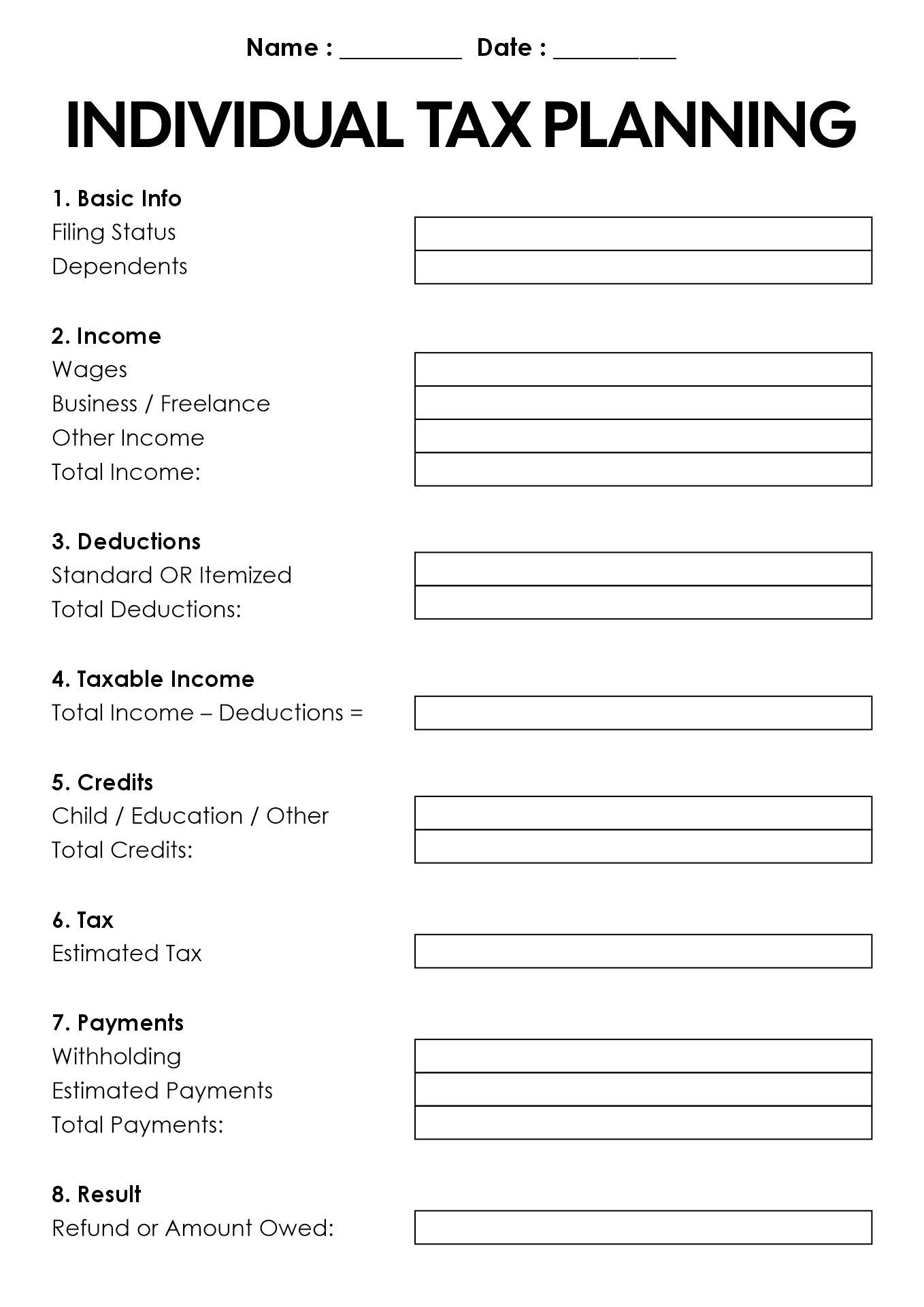 Individual Tax Planning Worksheet
