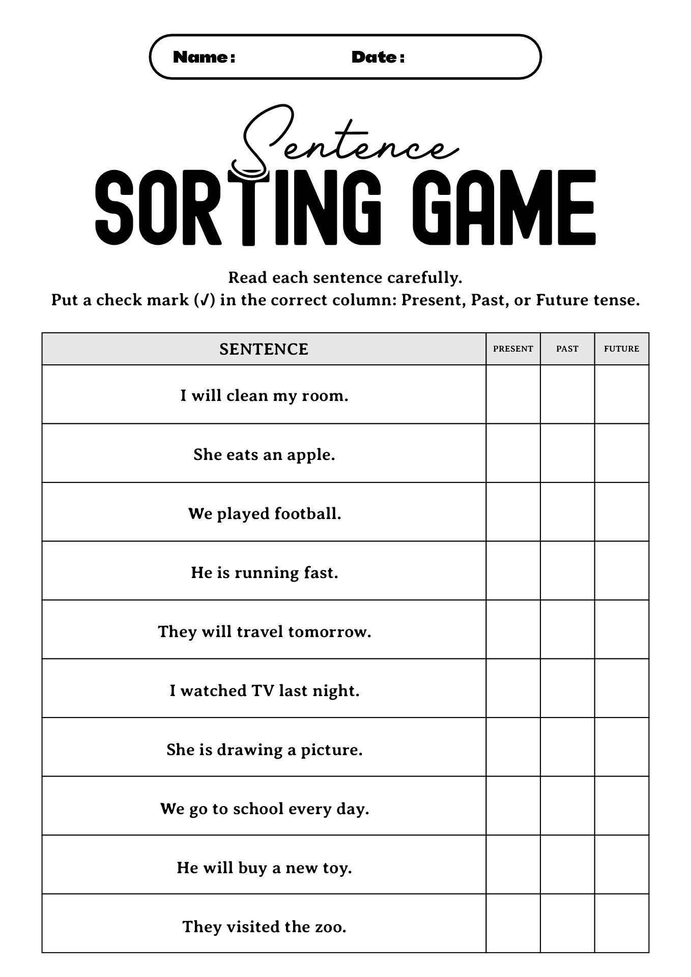 Interactive English Verb Tenses Worksheets for Kids