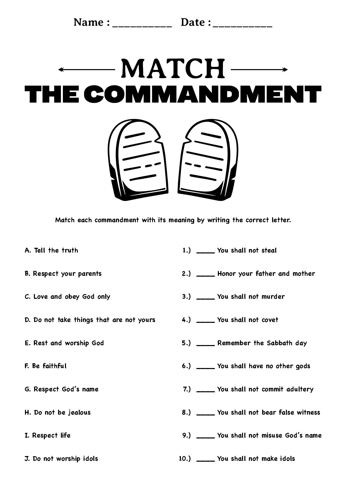 Kids 10 Commandments Learning Worksheet