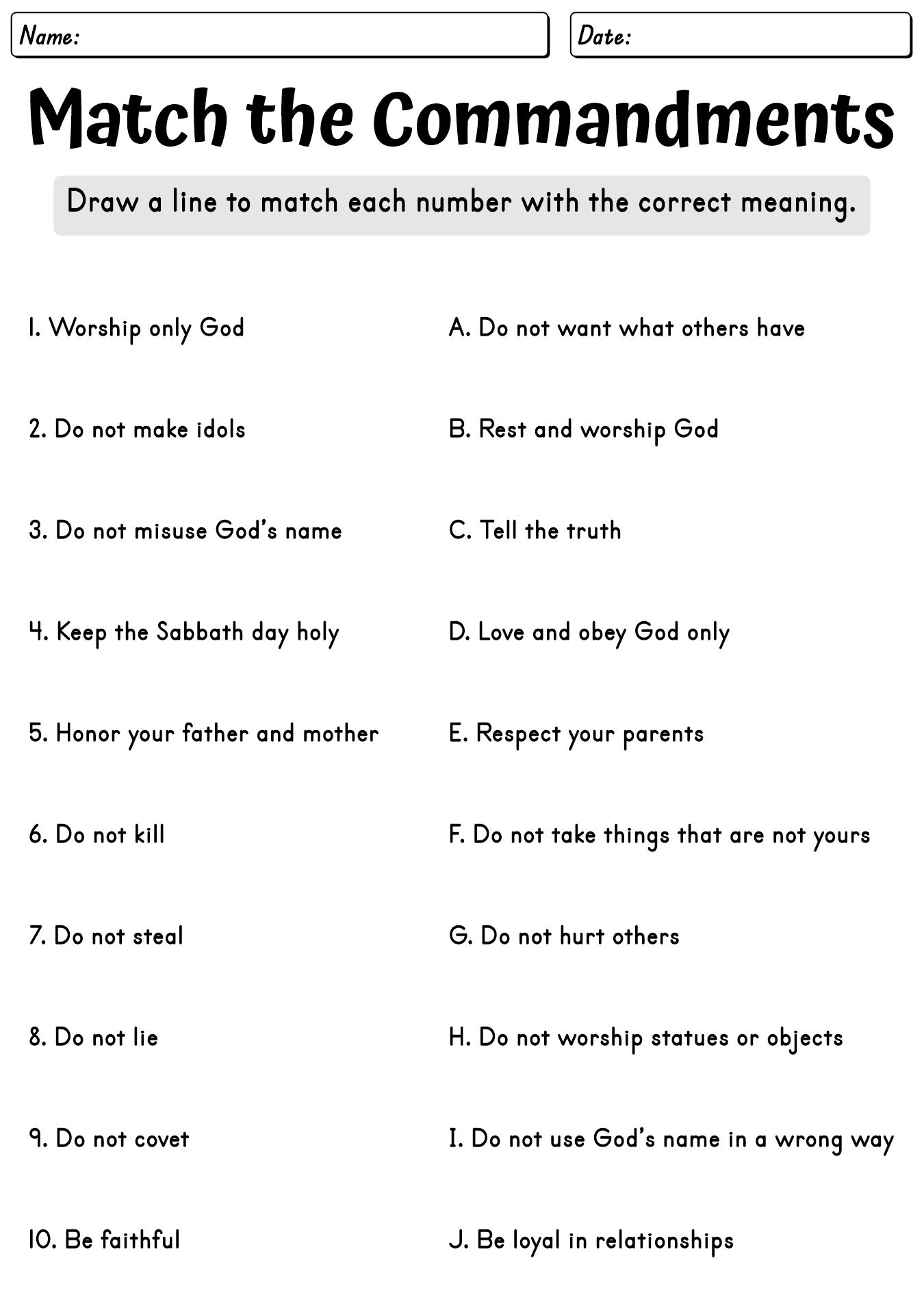 Kids 10 Commandments Worksheet