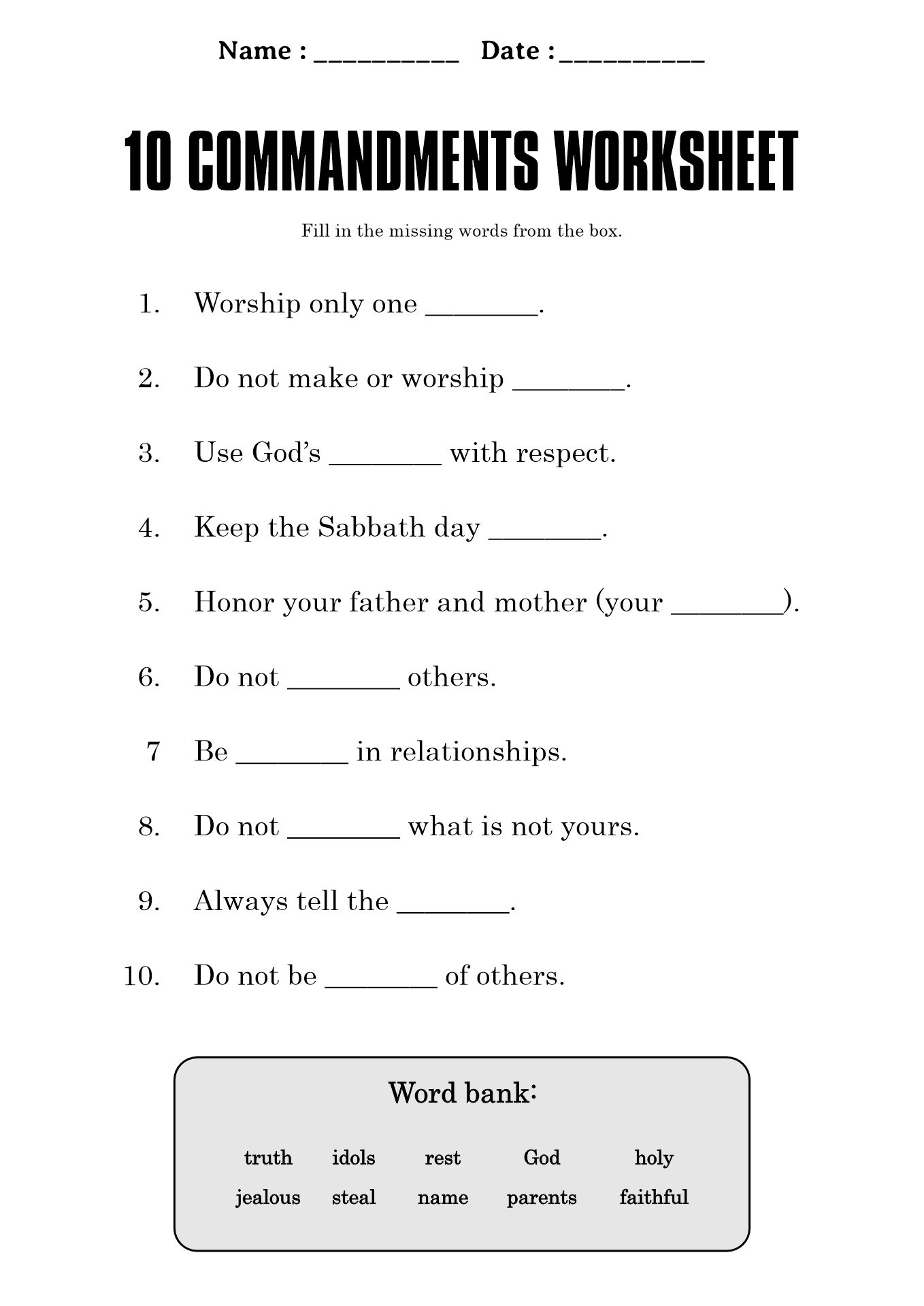 Kids Friendly Catholic 10 Commandments Worksheet
