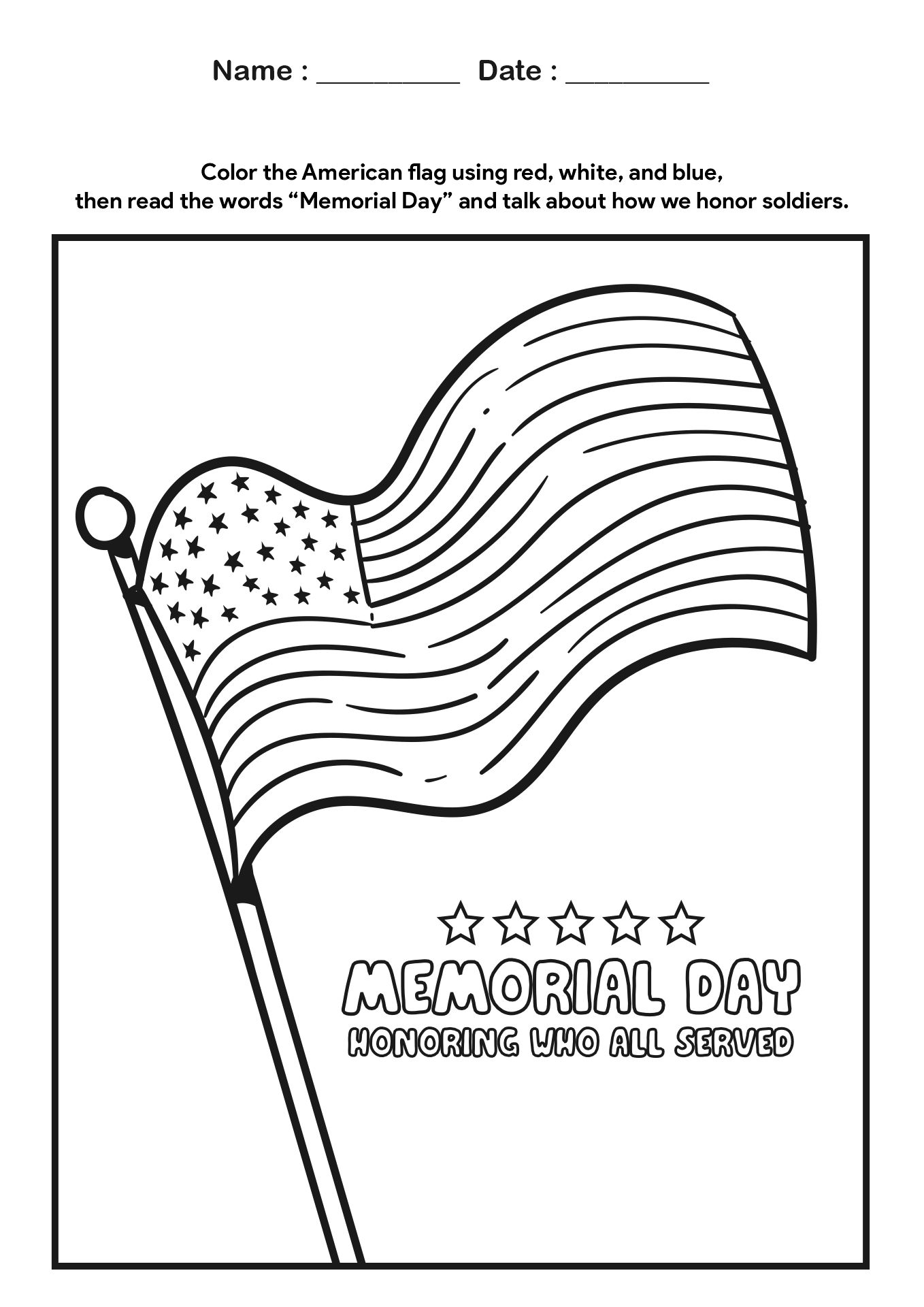 Kindergarten Memorial Day Fun Worksheet