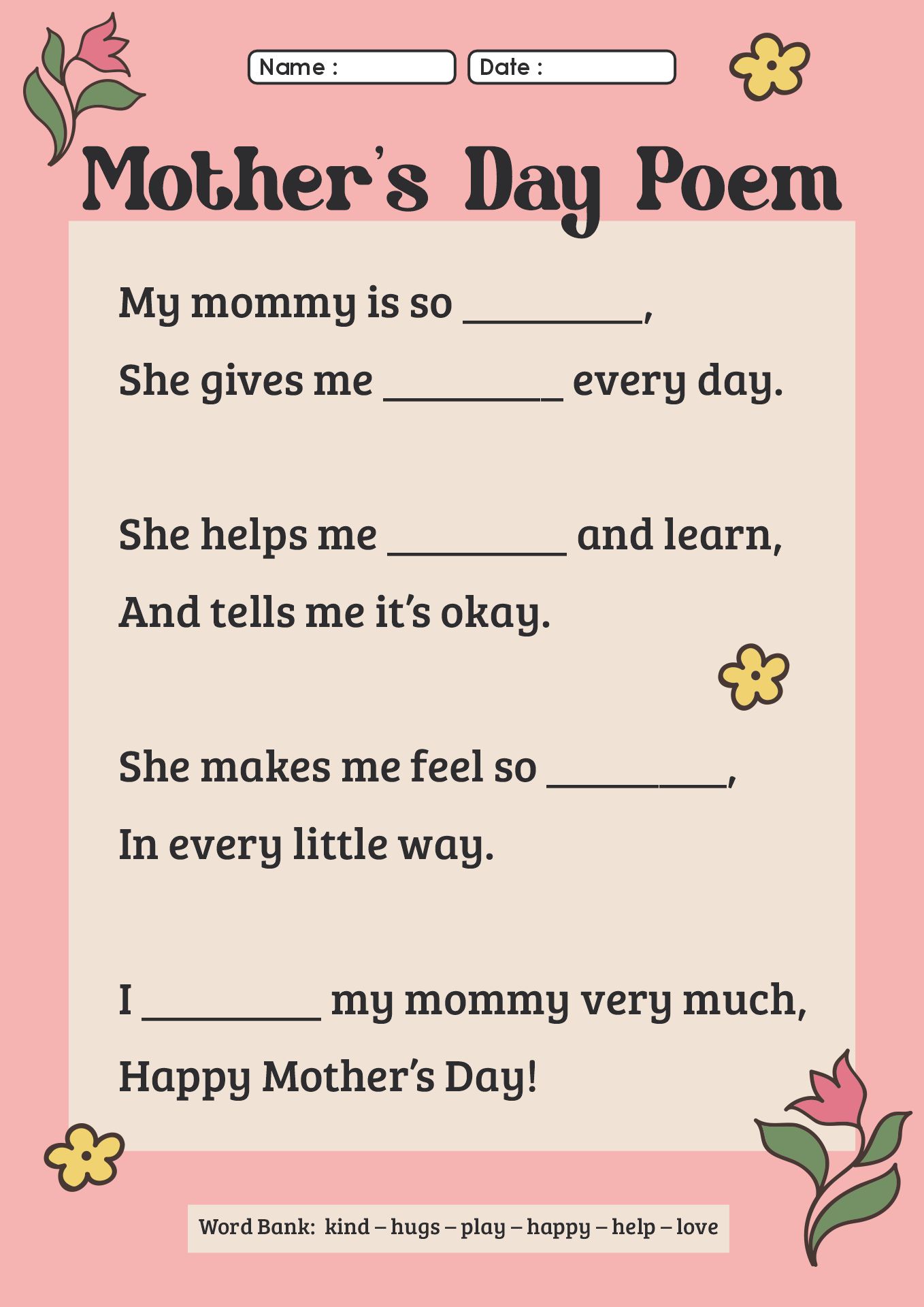 Kindergarten Mothers Day Short Poem Worksheet
