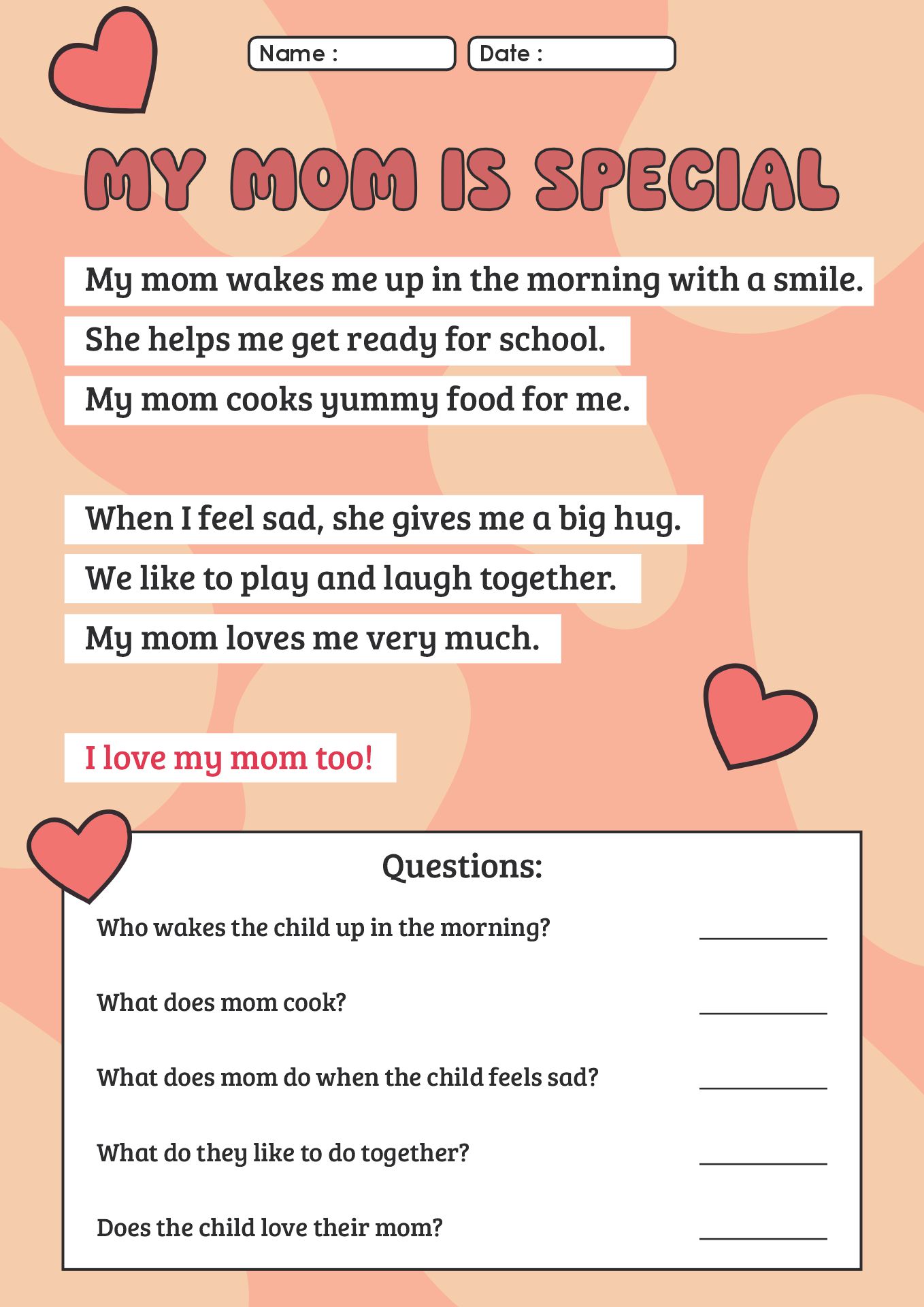 Kindergarten Mothers Day Story Worksheet