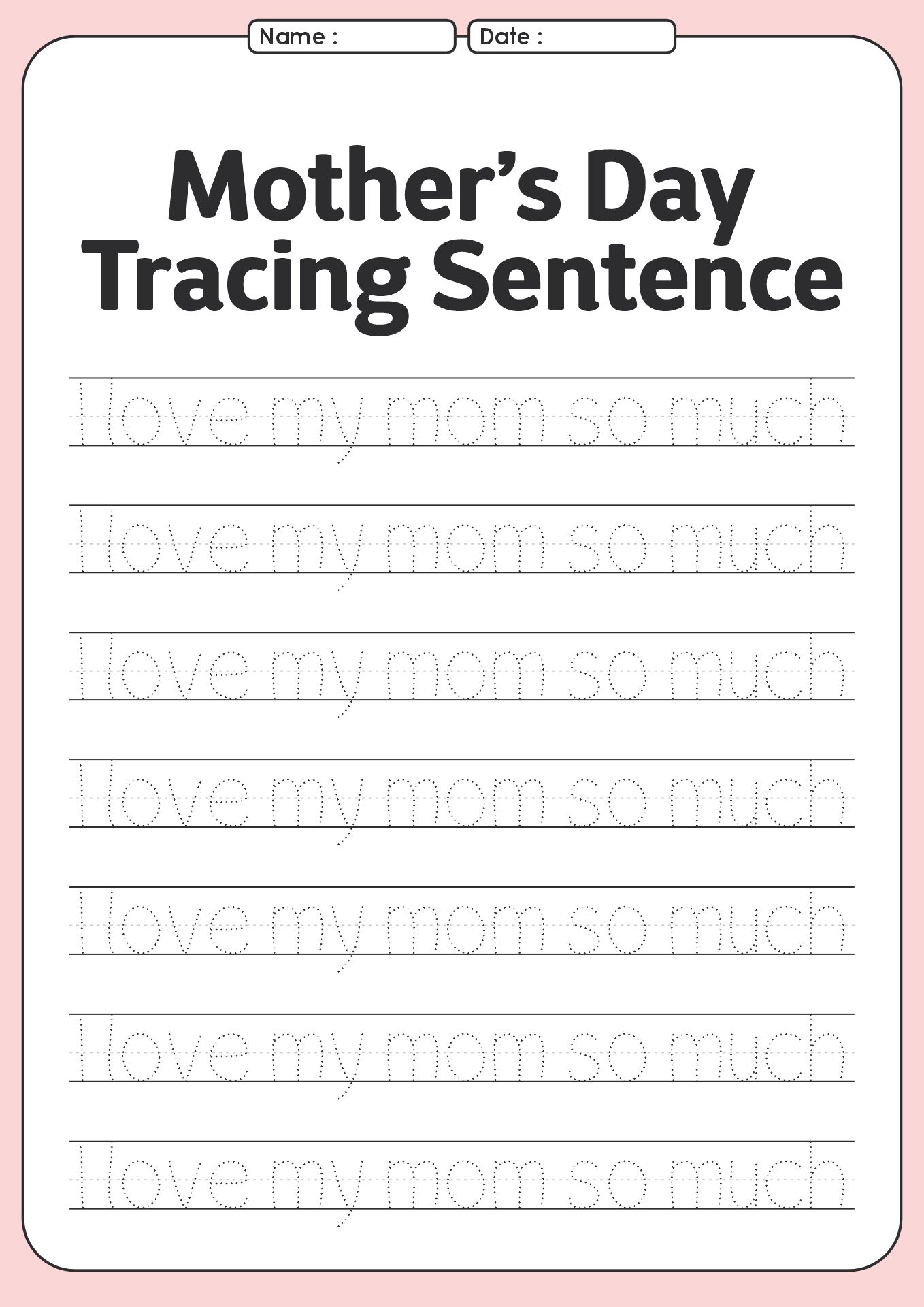 Kindergarten Mothers Day Writing Practice Worksheet