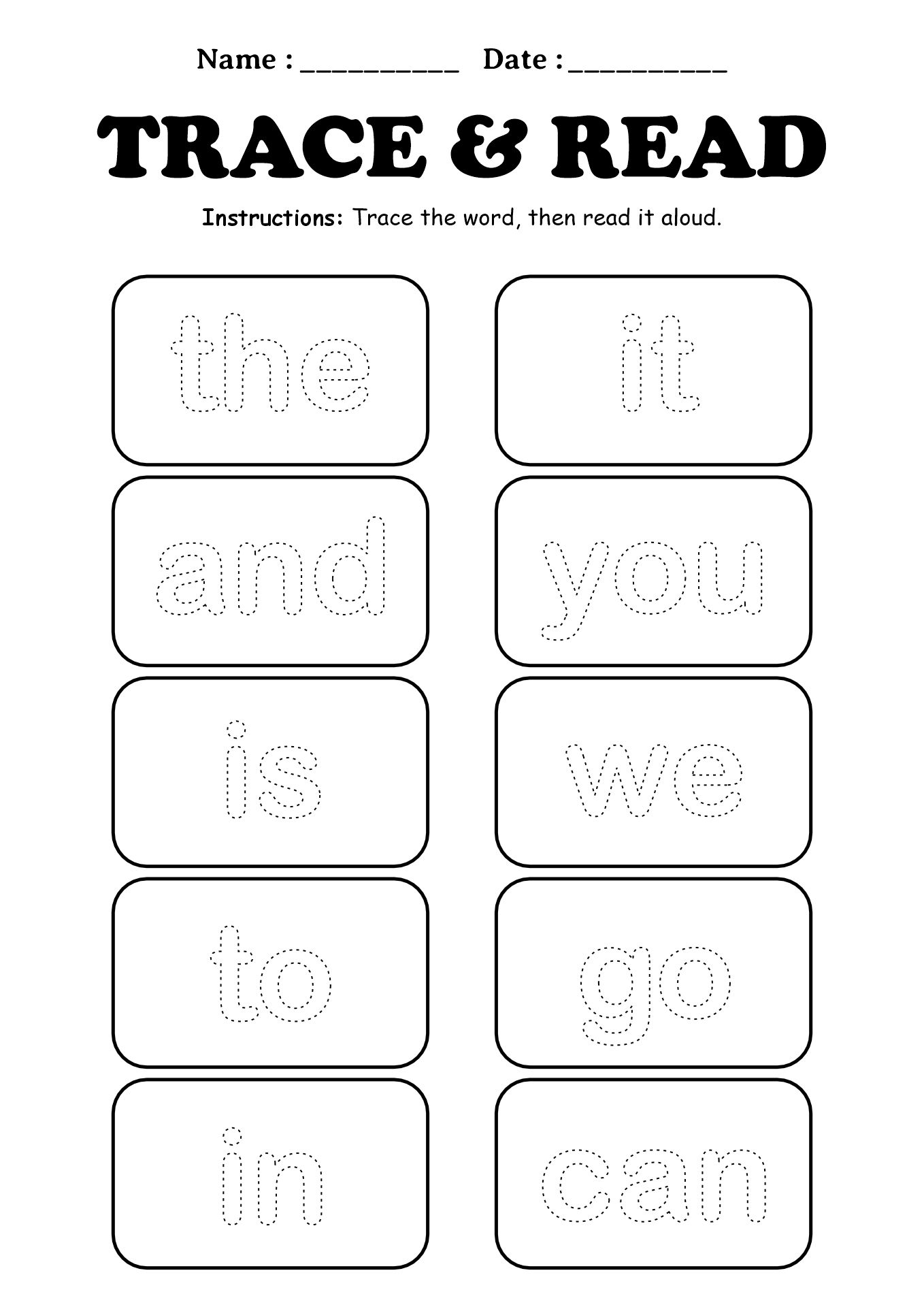Kindergarten Sight Words Practice Sheets