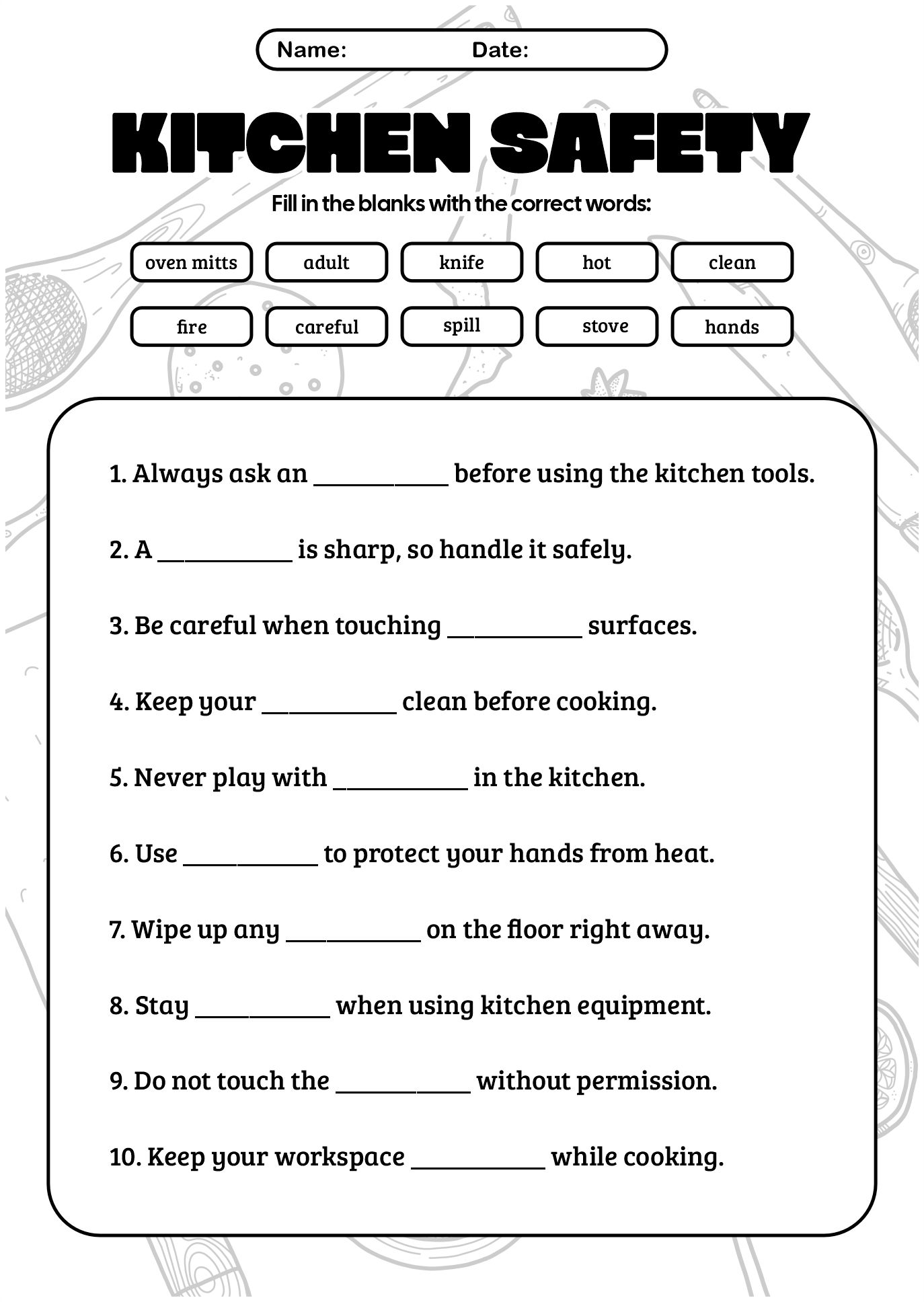 Kitchen Safety Worksheets
