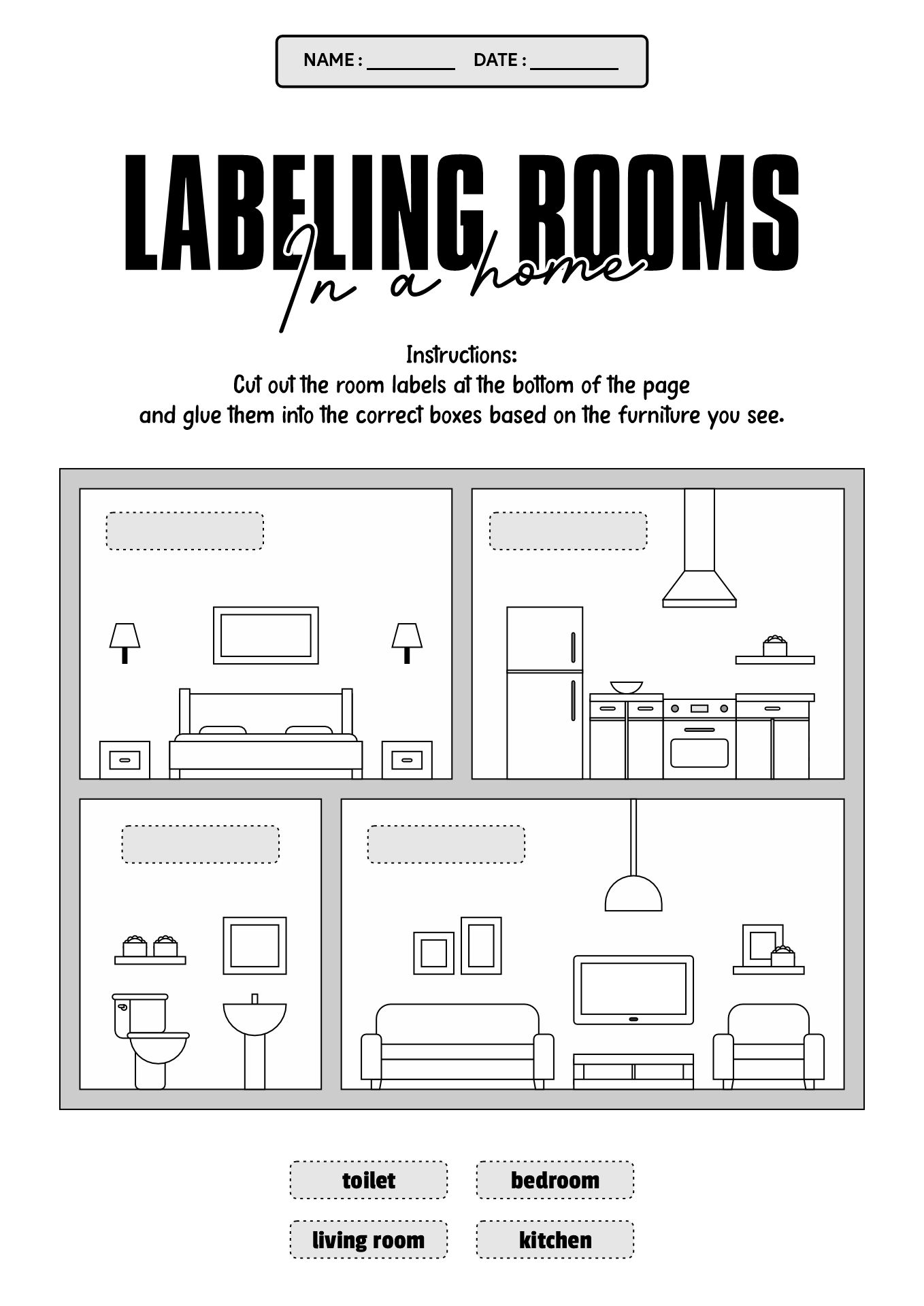 Labeling Rooms in a Home Worksheet for Kindergarten