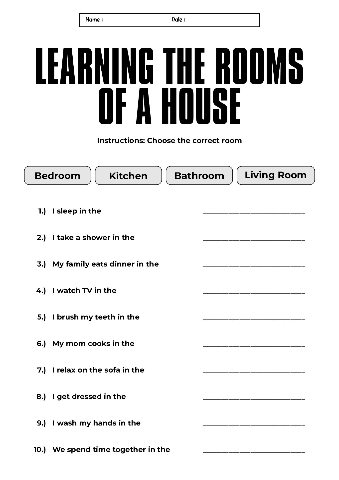 Learning the Rooms of a House Activity Sheet