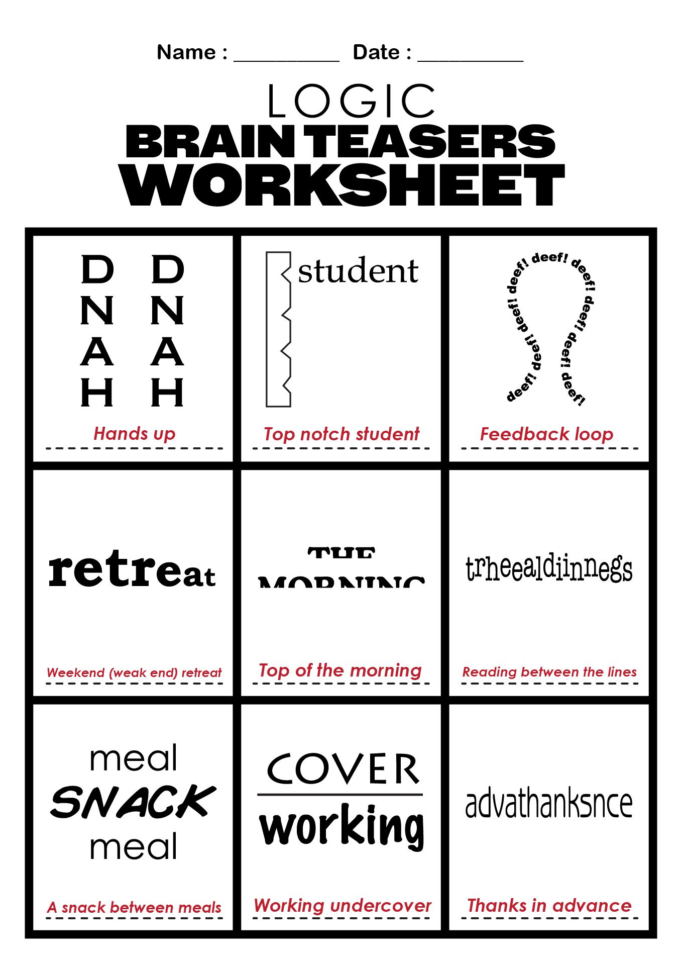 Logic Brain Teasers Worksheets with Answer Key
