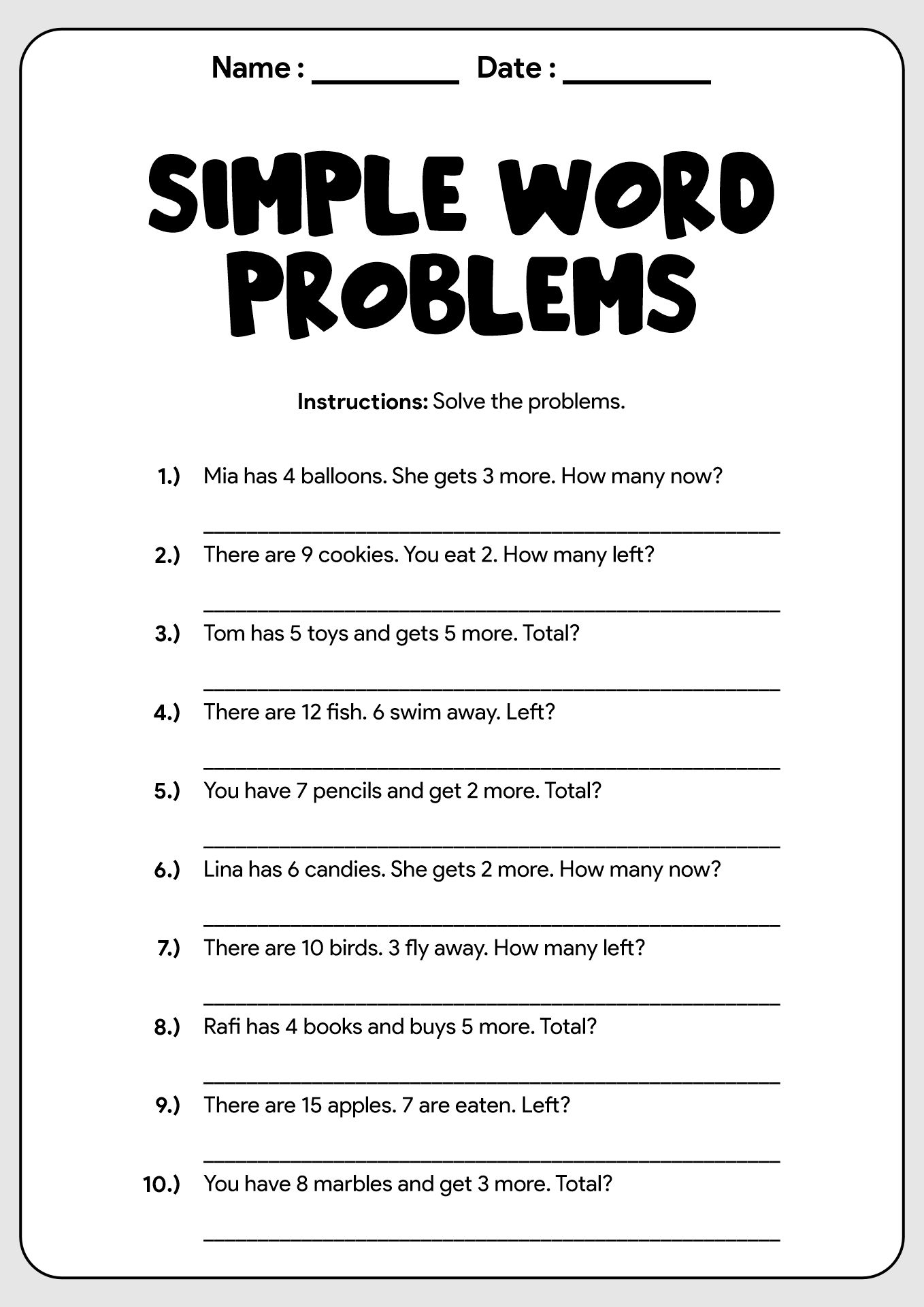 Math Practice Sheets for 1st Grade Students