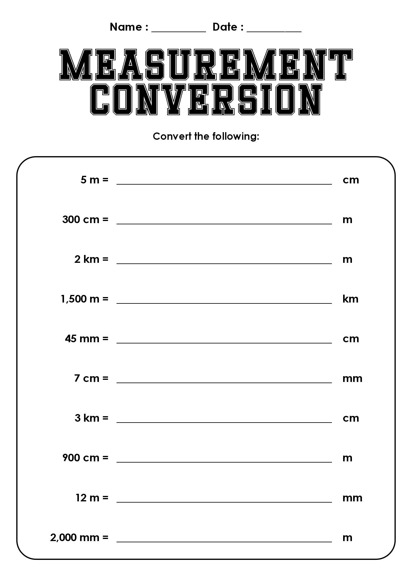 Measurement Conversion Worksheets for 5th Grade