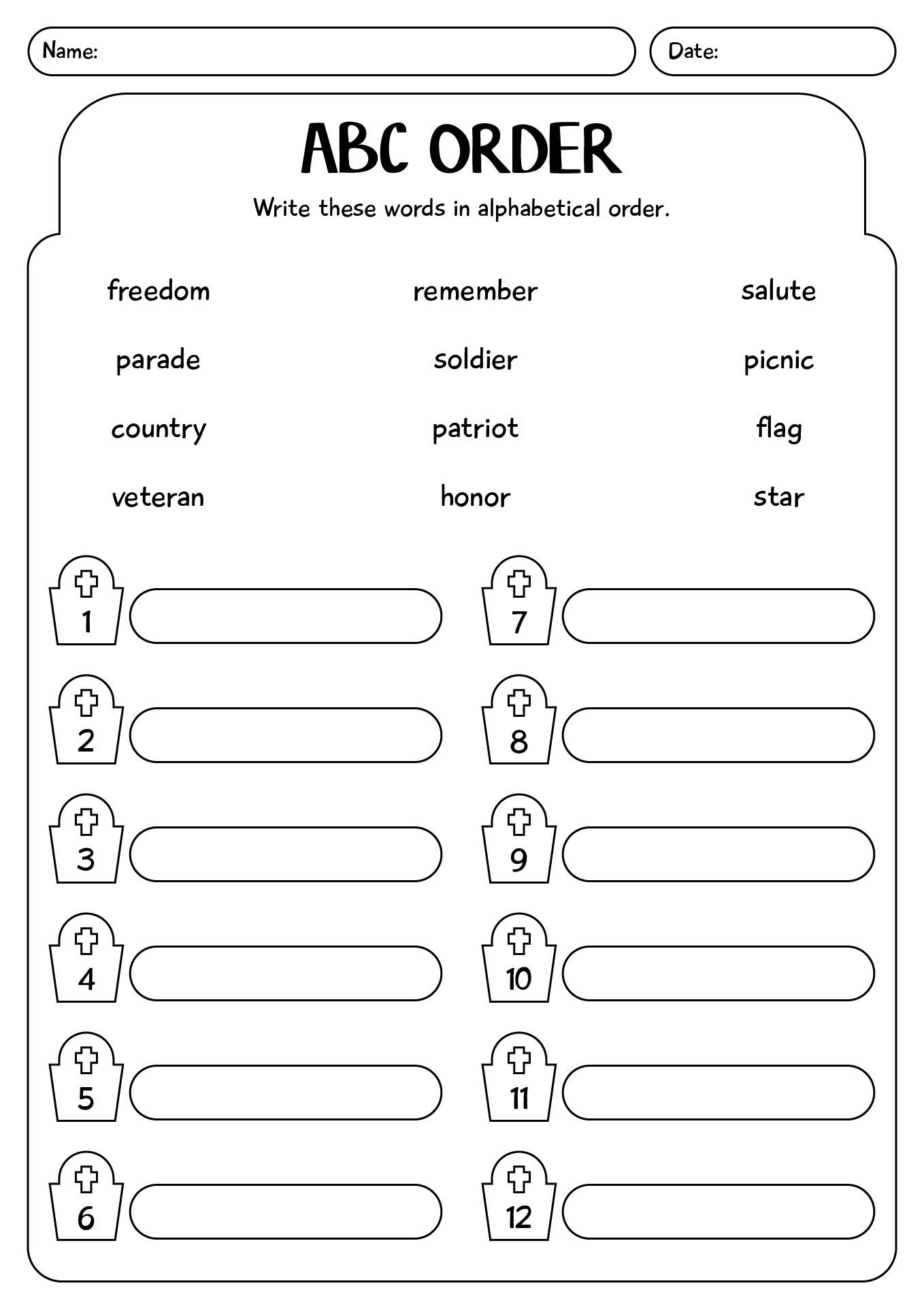 Memorial Day ABC Order Worksheet
