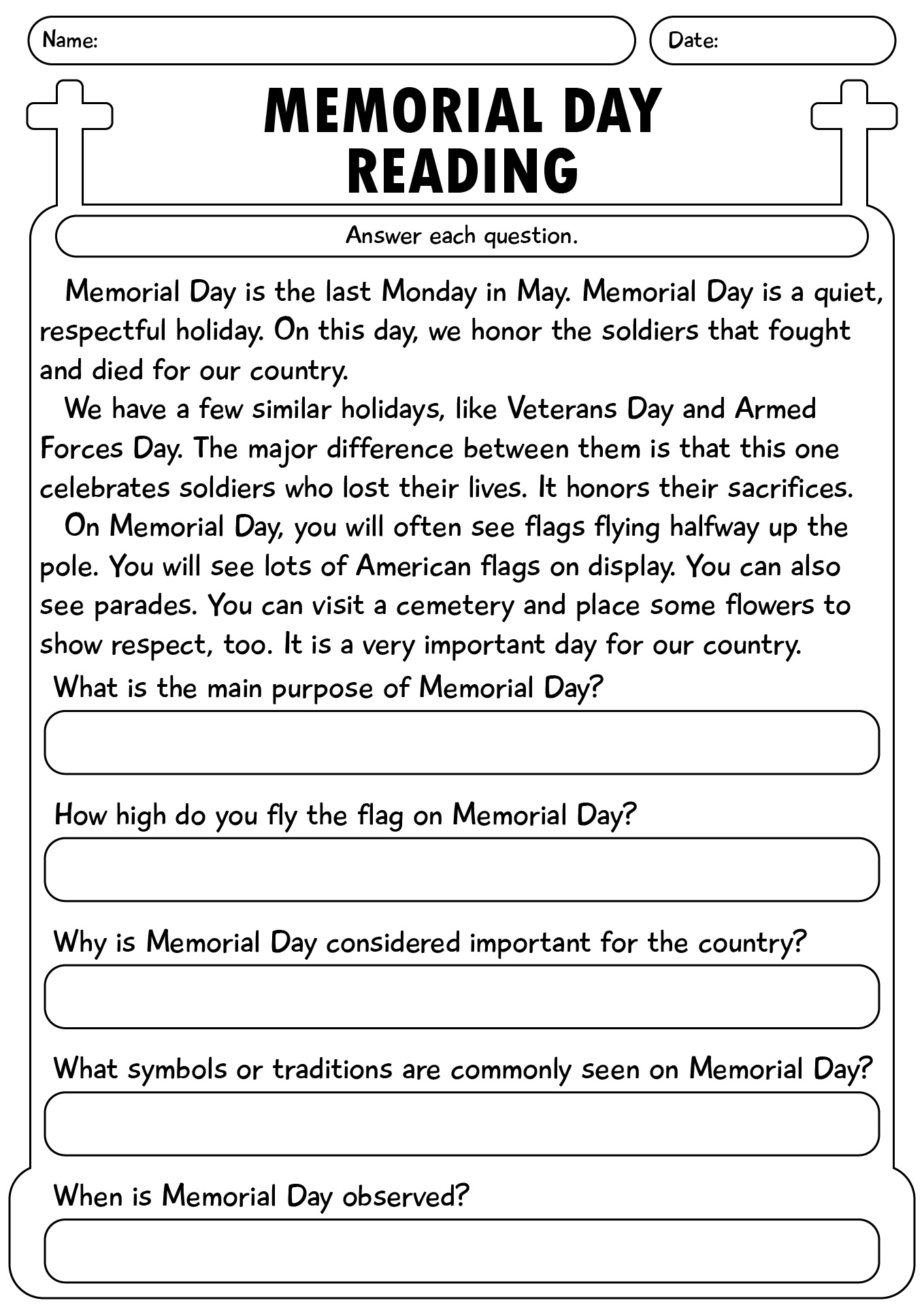 Memorial Day Activities Reading Passage
