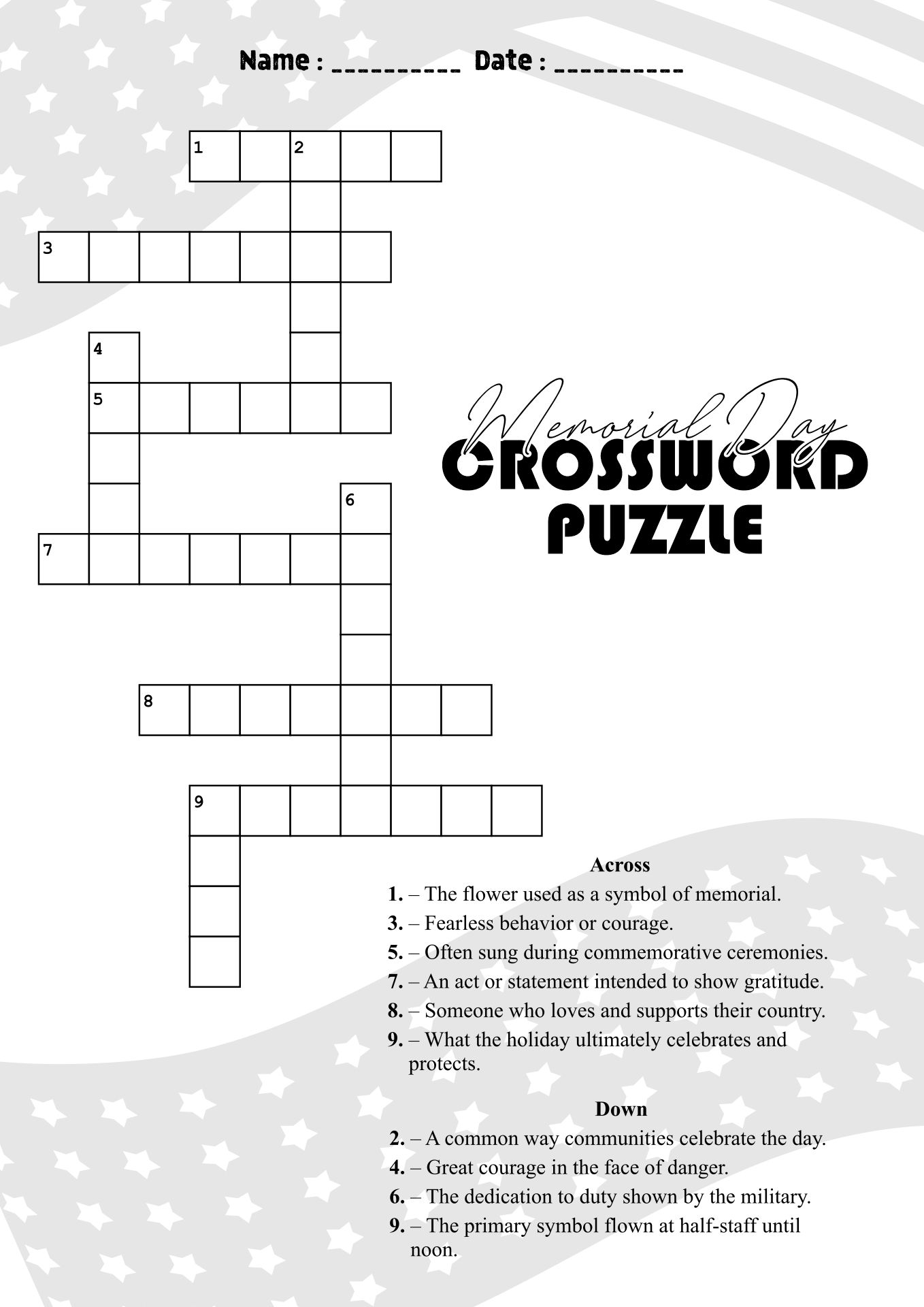 Memorial Day Crossword Puzzles