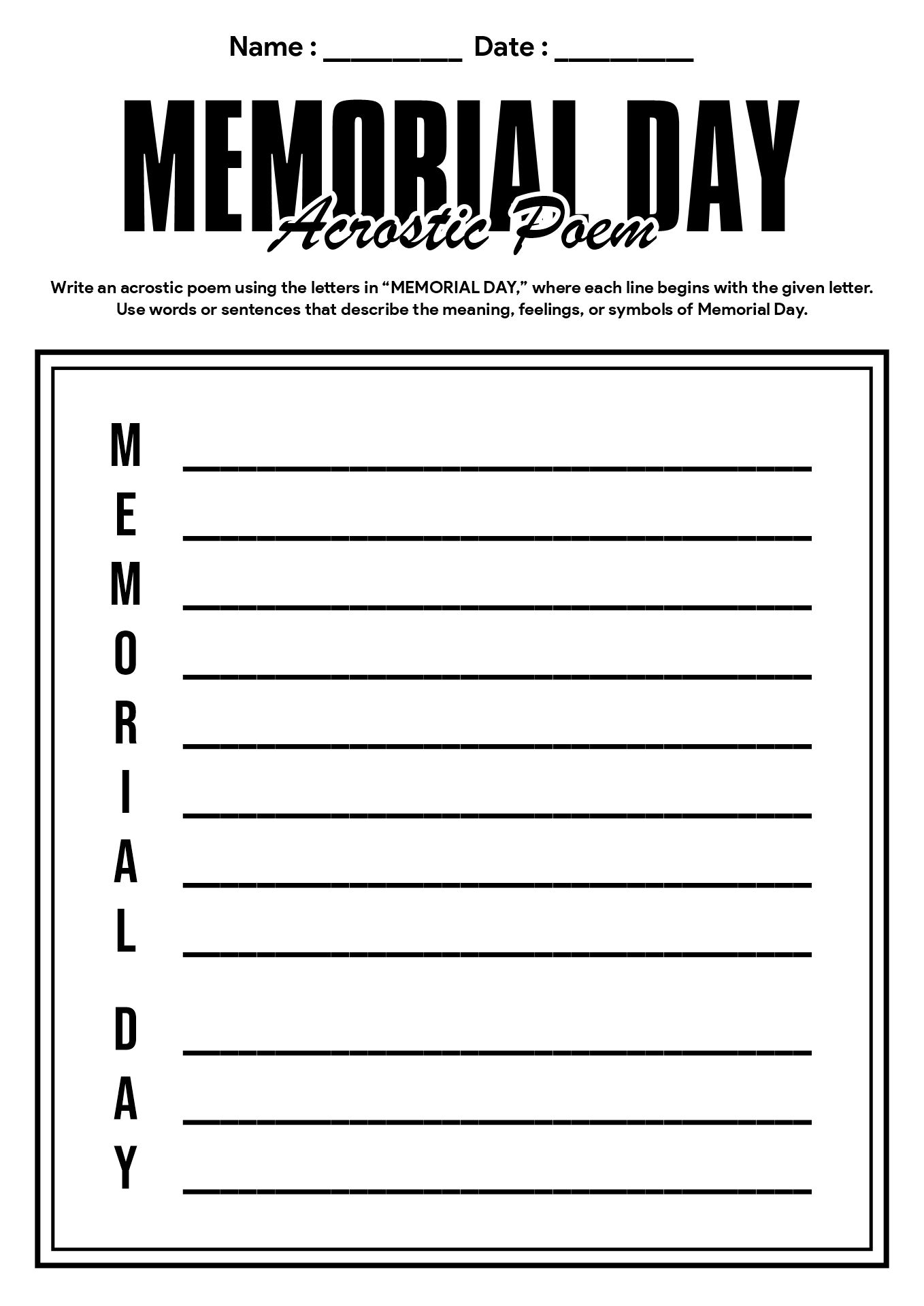 Memorial Day Educational Worksheets for Middle School