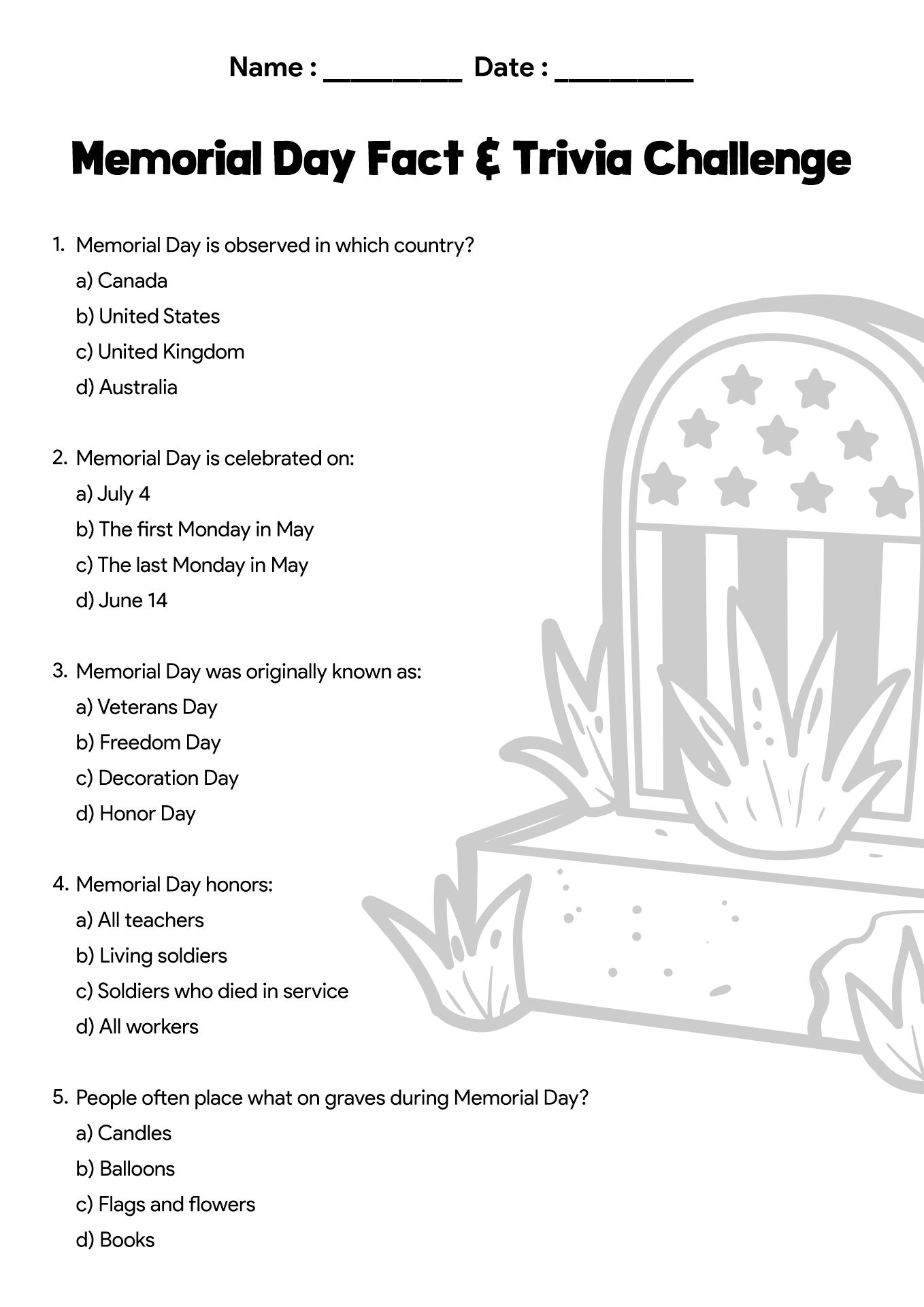 Memorial Day Fact and Trivia Challenge Worksheets