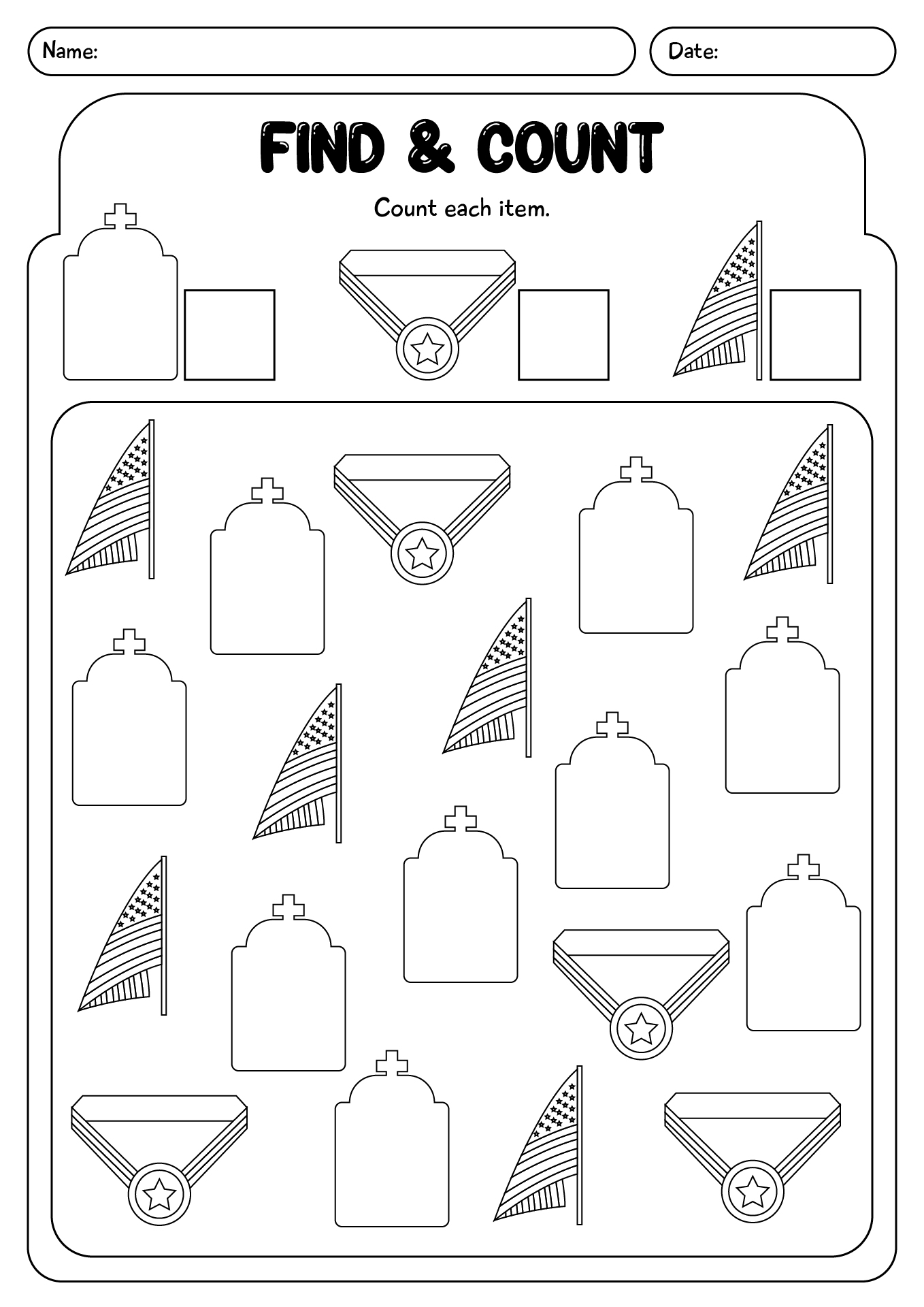 Memorial Day Find And Count Worksheet