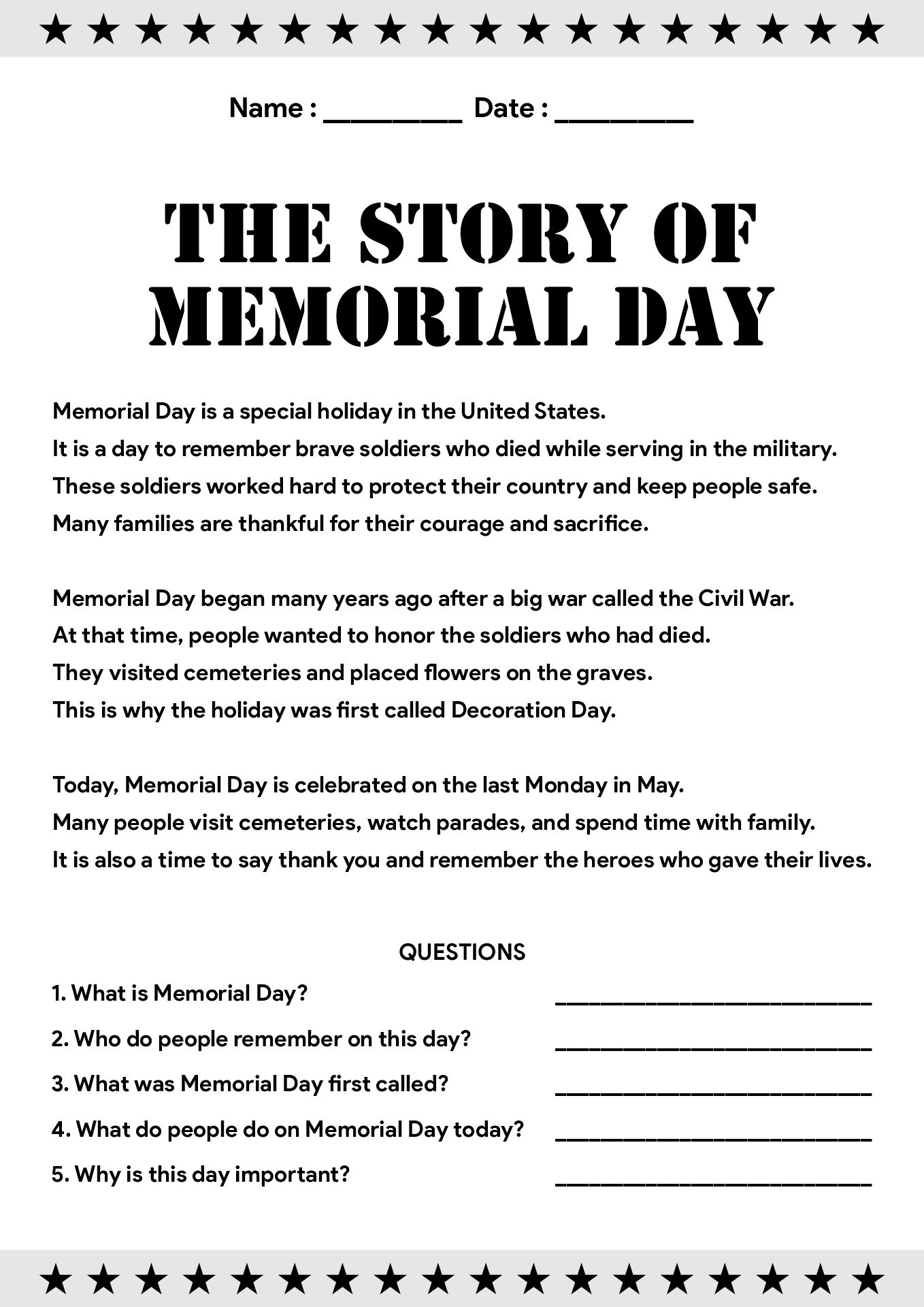 Memorial Day History Reading Sheets