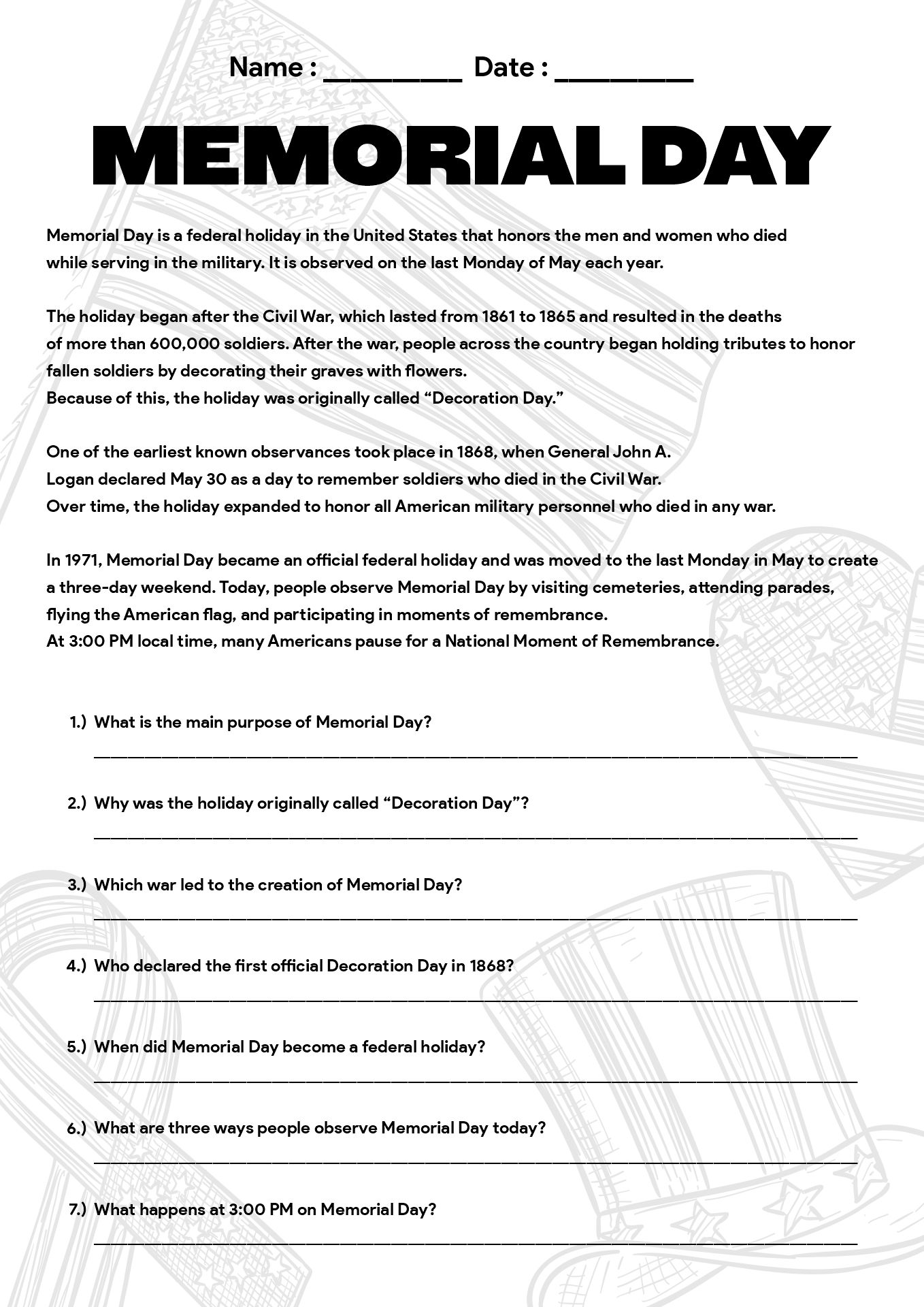 Memorial Day History Worksheets for Middle School