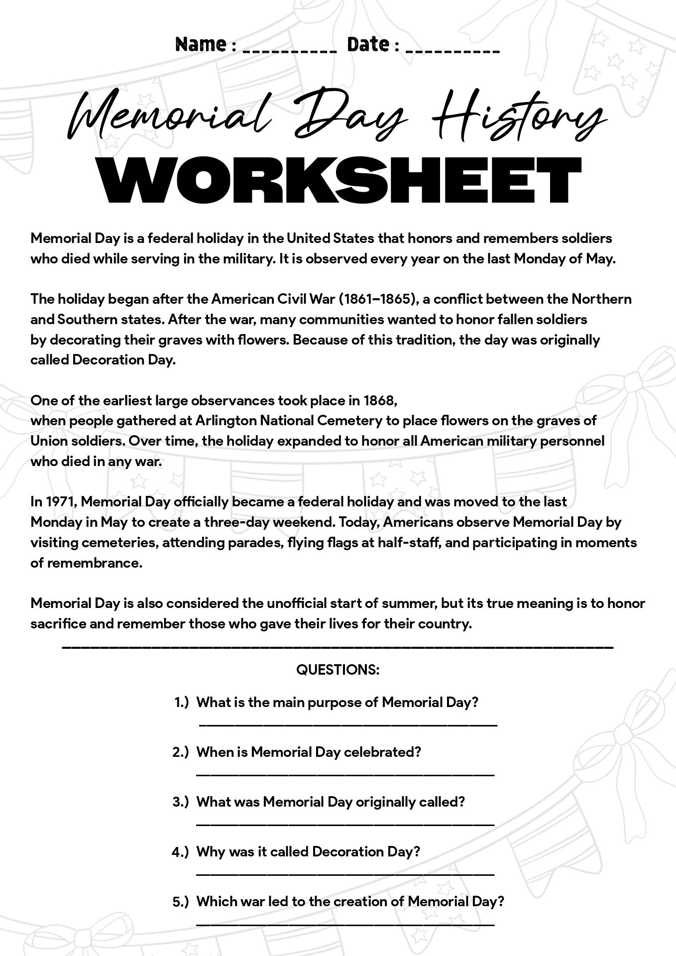 Memorial Day History Worksheets