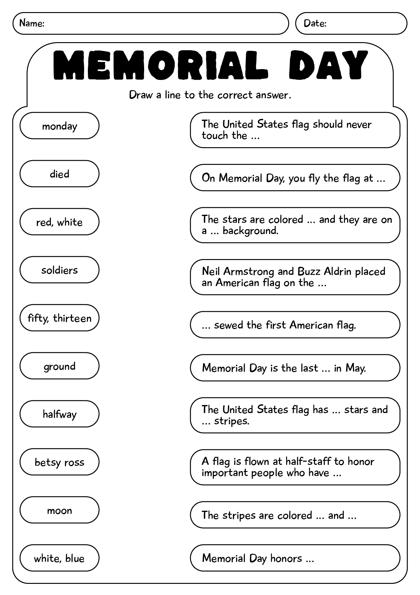 Memorial Day Holiday Worksheets