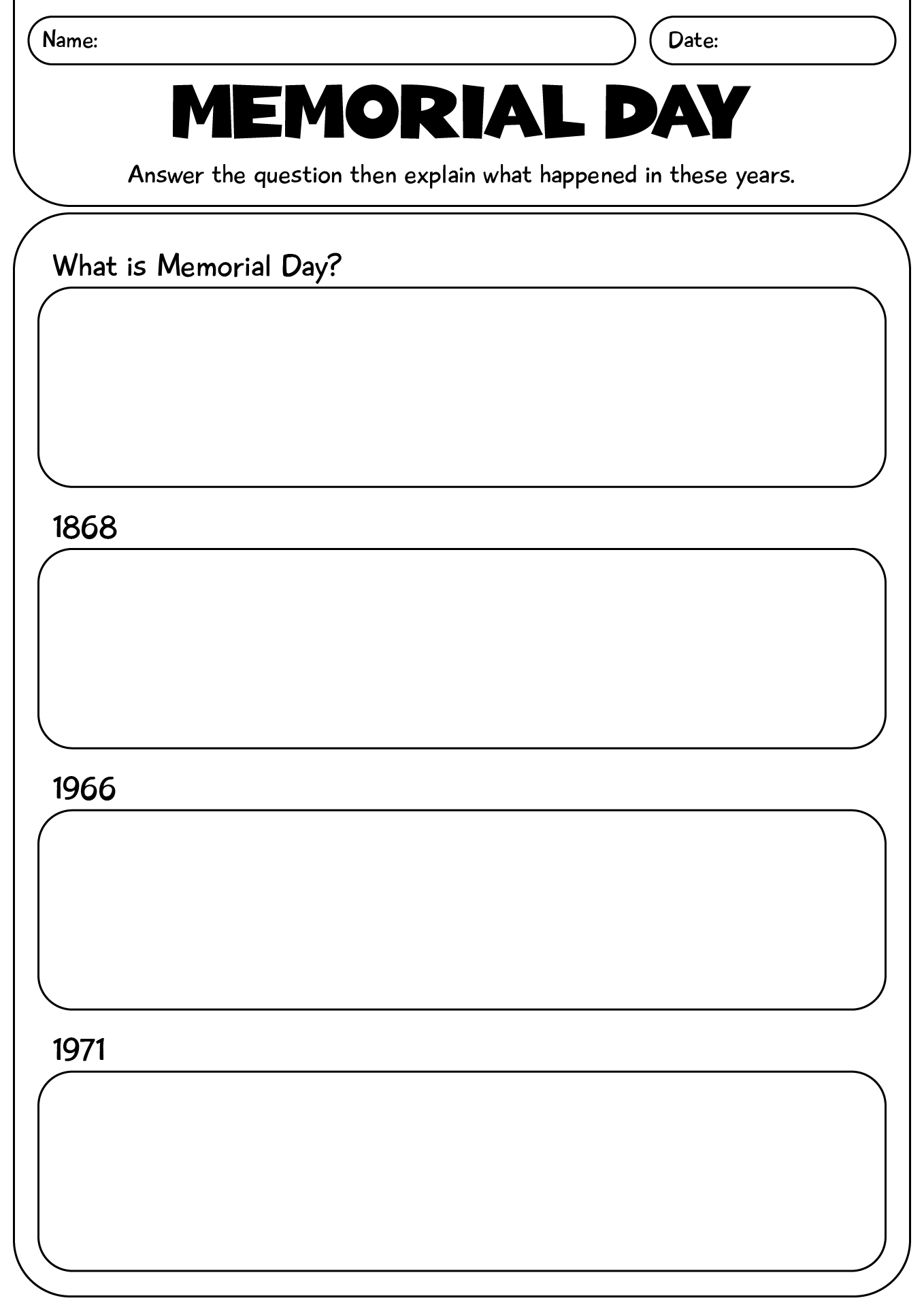 Memorial Day Holiday Worksheets