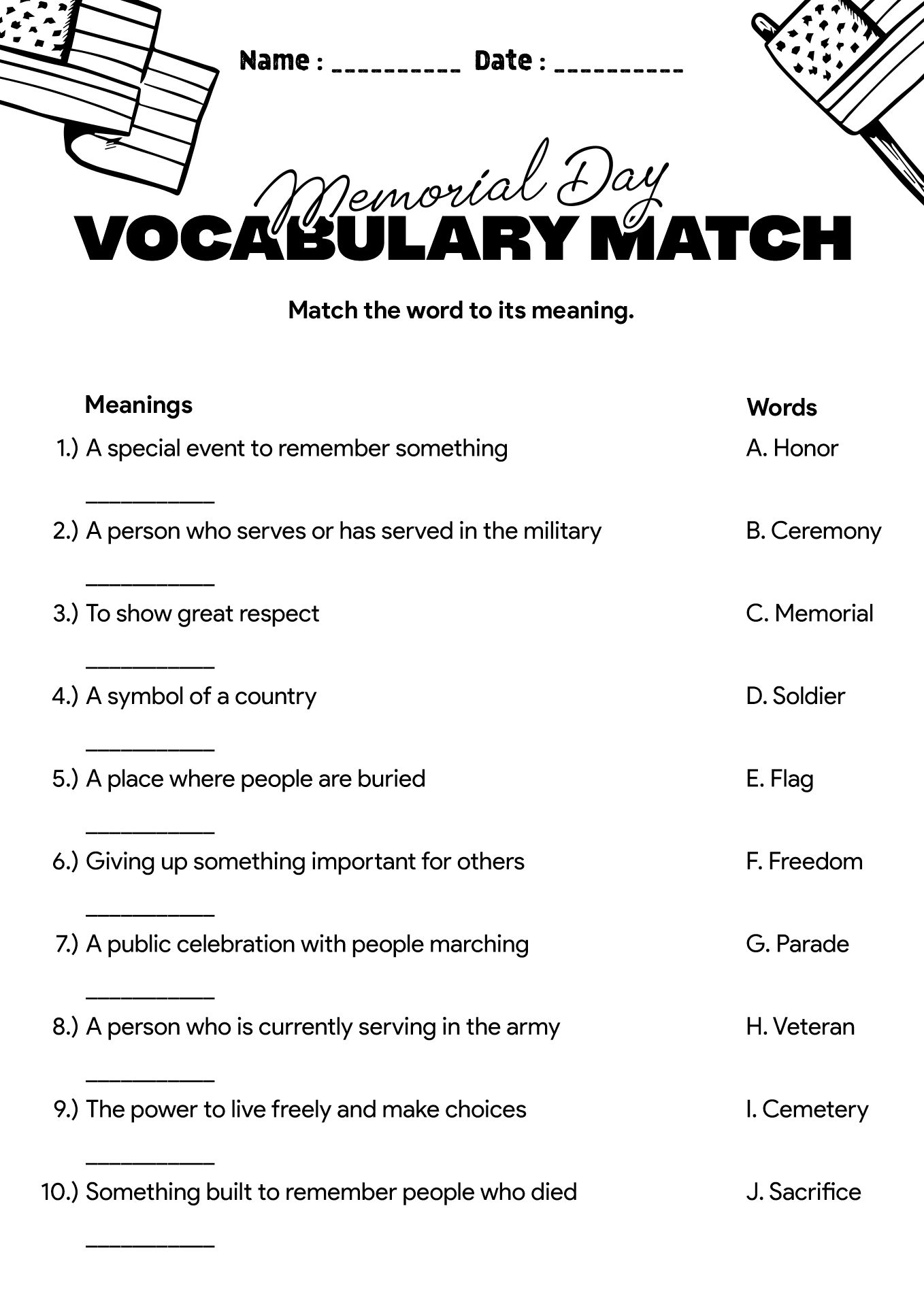 Memorial Day Lesson Worksheet